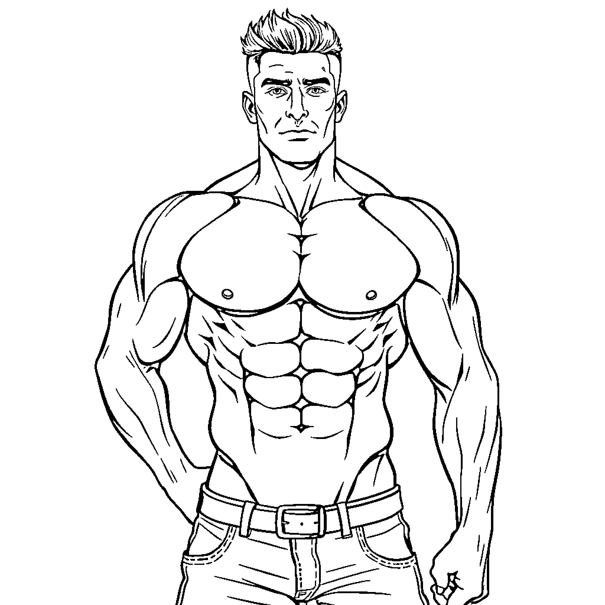 Man with muscular physique and strong pose Coloring Page (free black-and-white line drawing printable PDF for all, from beginners to advanced learners, including children, teens, adults, and seniors)