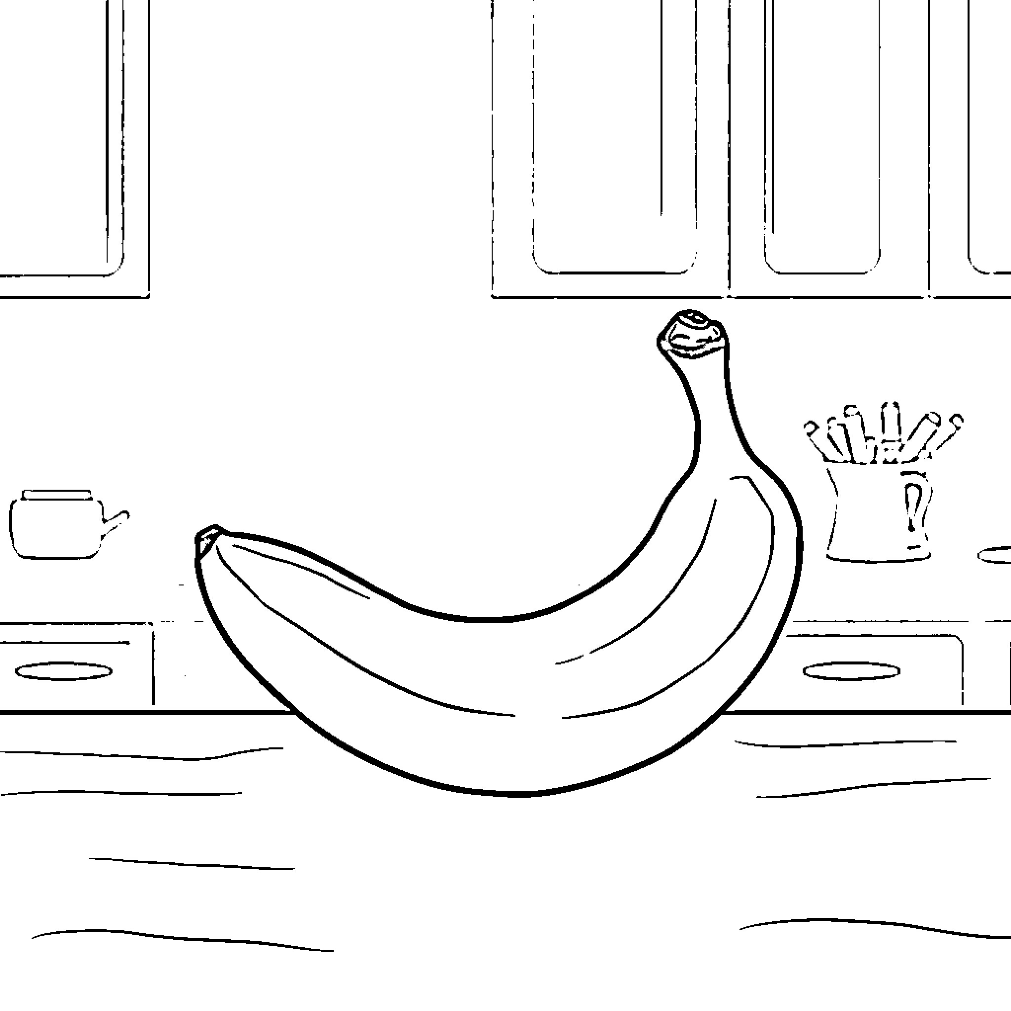 Banana on kitchen counter Coloring Page (free black-and-white line drawing printable PDF for all, from beginners to advanced learners, including children, teens, adults, and seniors)