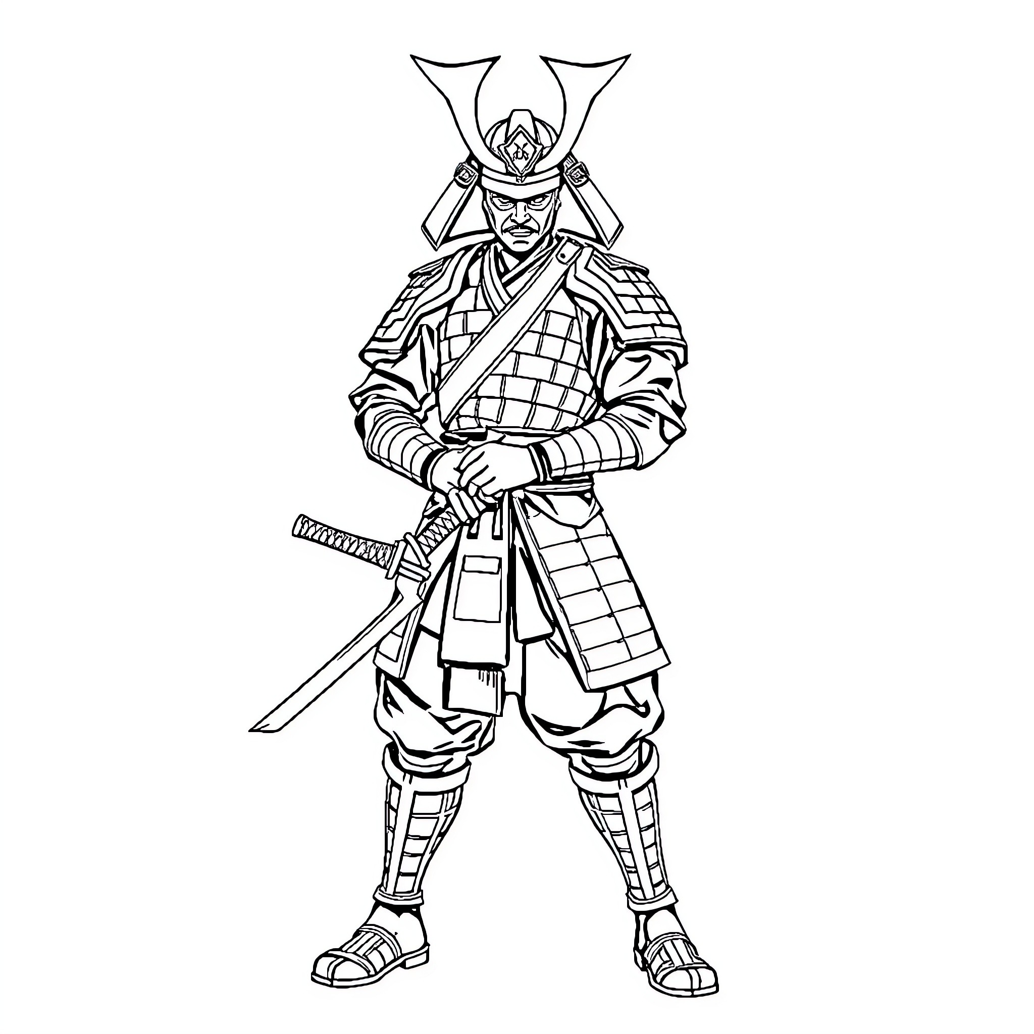 Samurai Warrior with Sword and Armor Coloring Page (free black-and-white line drawing printable PDF for all, from beginners to advanced learners, including children, teens, adults, and seniors)