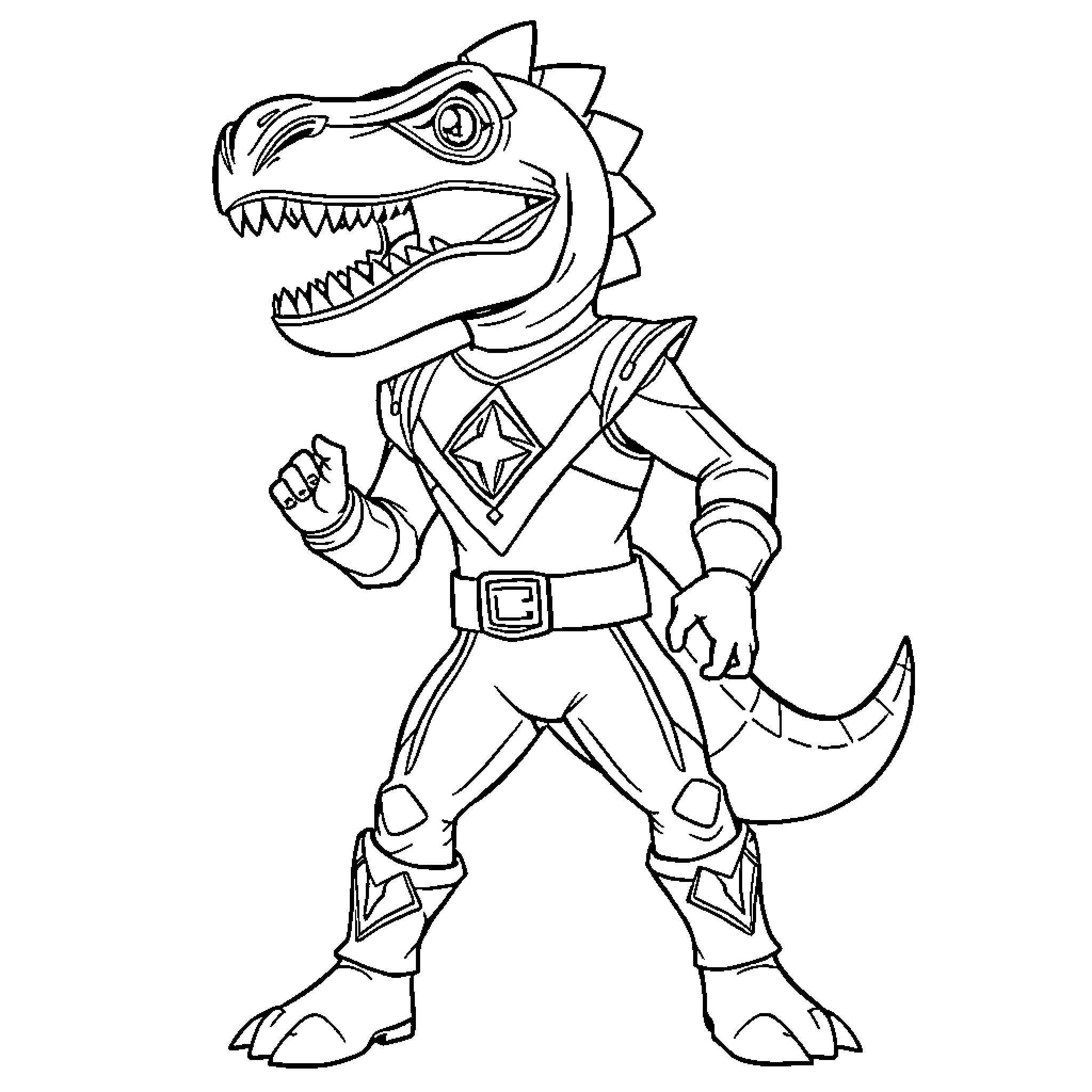 Dinosaur in Heroic Costume and Pose Coloring Page (free black-and-white line drawing printable PDF for all, from beginners to advanced learners, including children, teens, adults, and seniors)