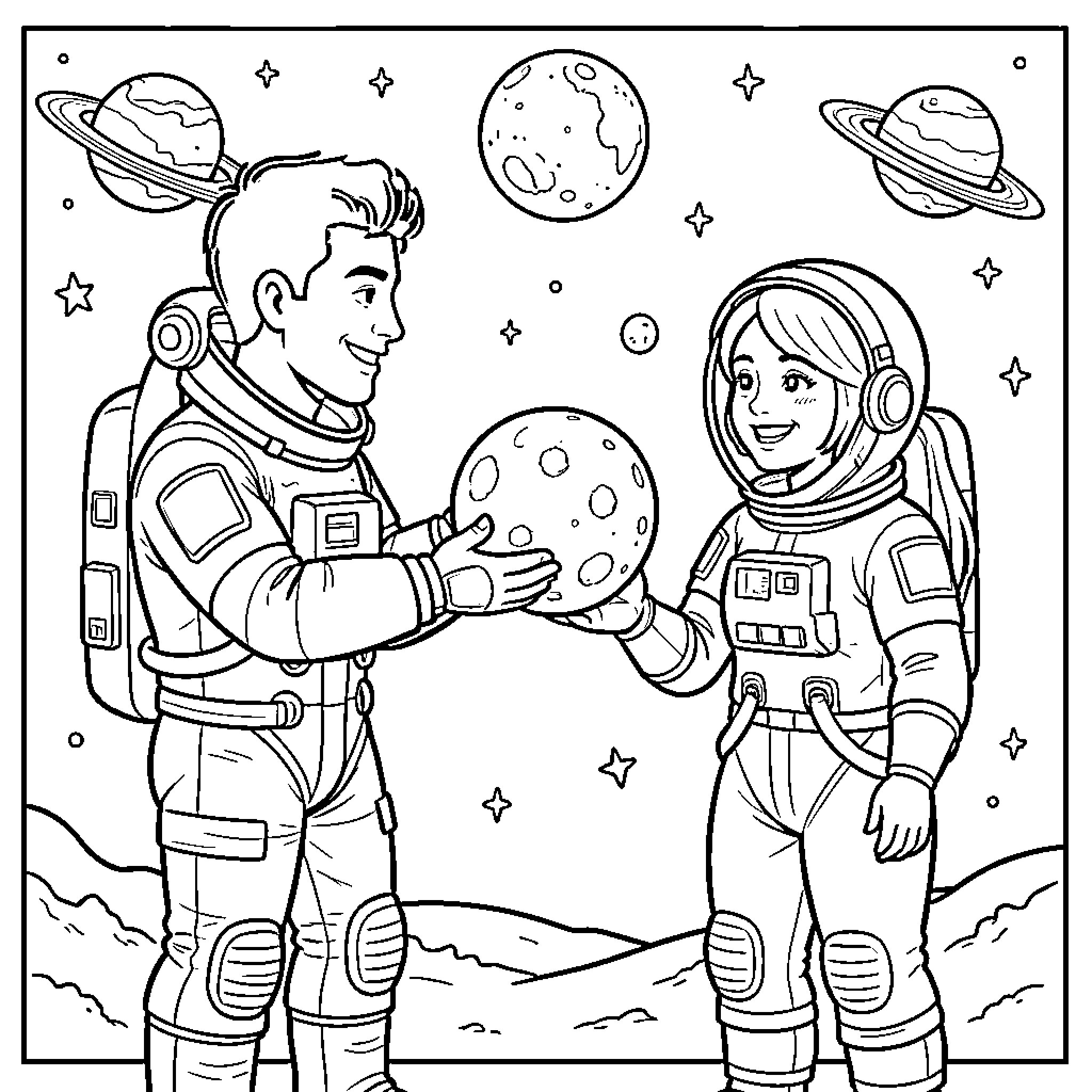 Astronauts exploring space and holding a planet Coloring Page (free black-and-white line drawing printable PDF for all, from beginners to advanced learners, including children, teens, adults, and seniors)