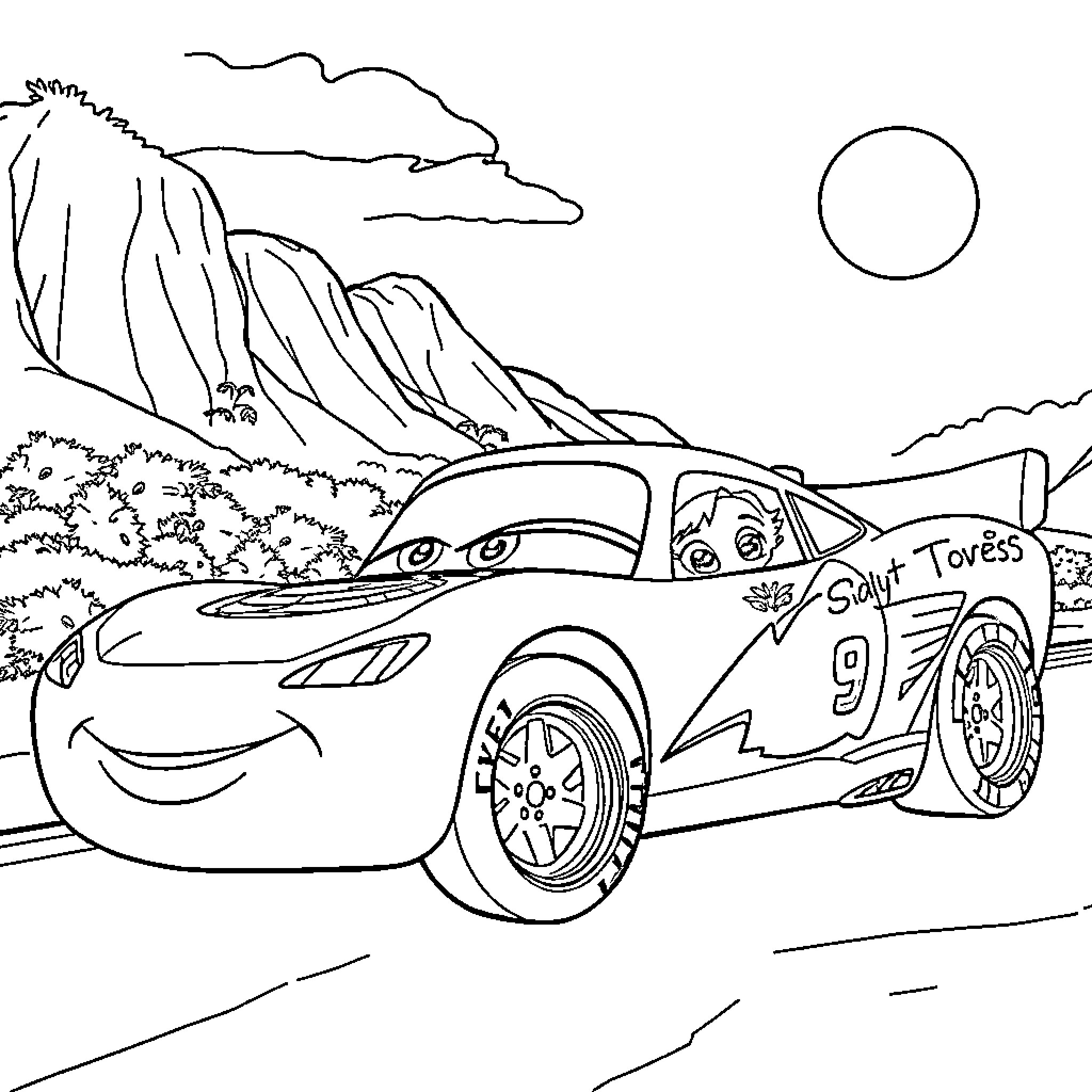 Flash McQueen's racing adventure on the mountain road Coloring Page (free black-and-white line drawing printable PDF for all, from beginners to advanced learners, including children, teens, adults, and seniors)