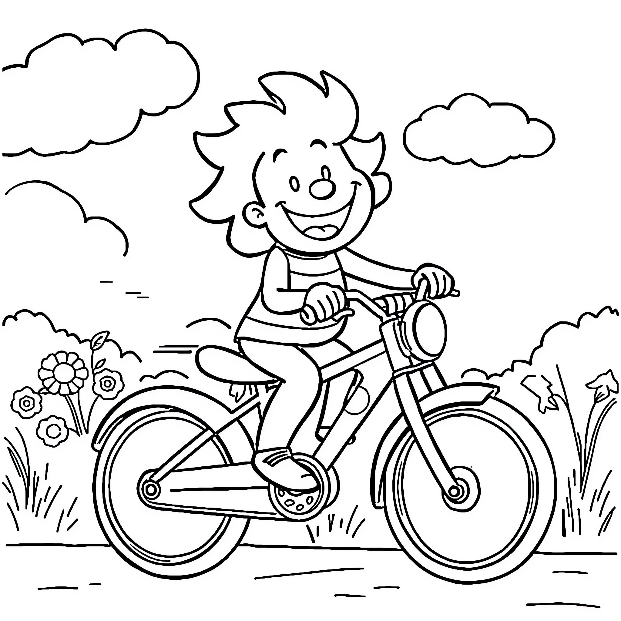Spongebob riding a bicycle through a scenic landscape Coloring Page (free black-and-white line drawing printable PDF for all, from beginners to advanced learners, including children, teens, adults, and seniors)