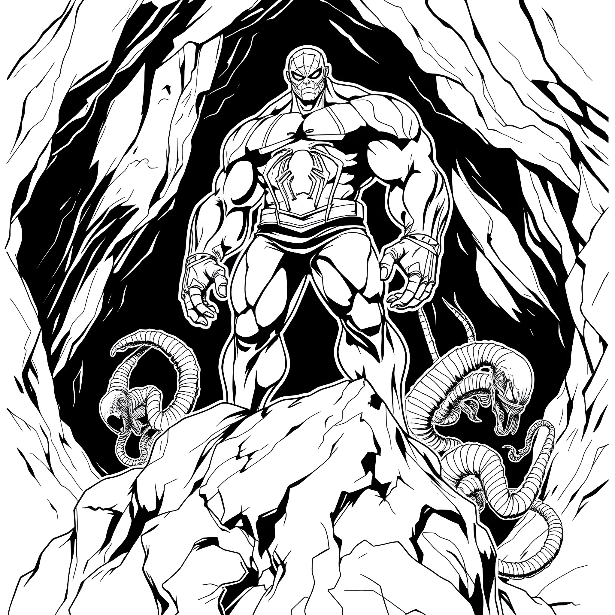 Venom's Ominous Presence in the Shadowy Abyss Coloring Page (free black-and-white line drawing printable PDF for all, from beginners to advanced learners, including children, teens, adults, and seniors)