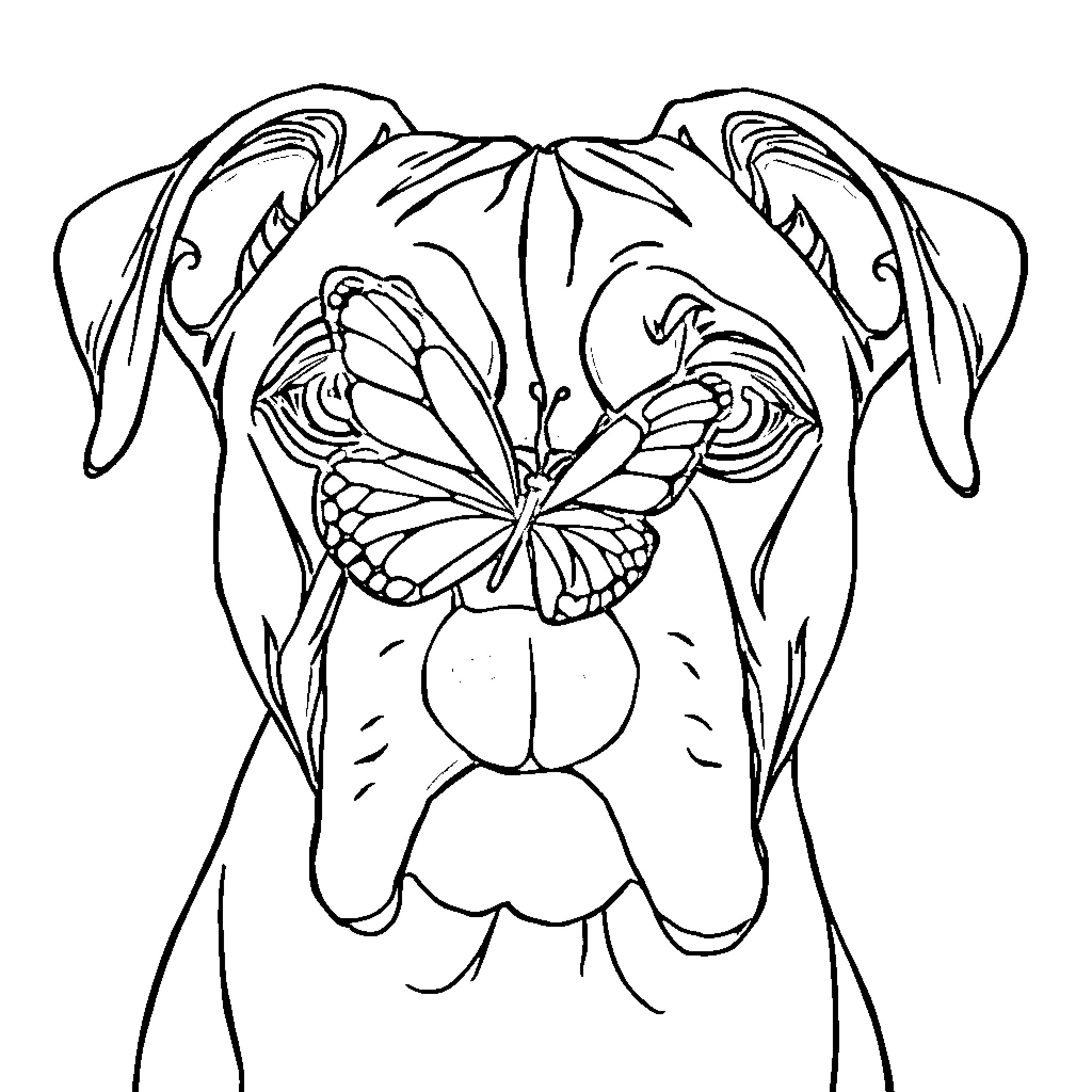 Boxer dog with butterfly on its face Coloring Page (free black-and-white line drawing printable PDF for all, from beginners to advanced learners, including children, teens, adults, and seniors)