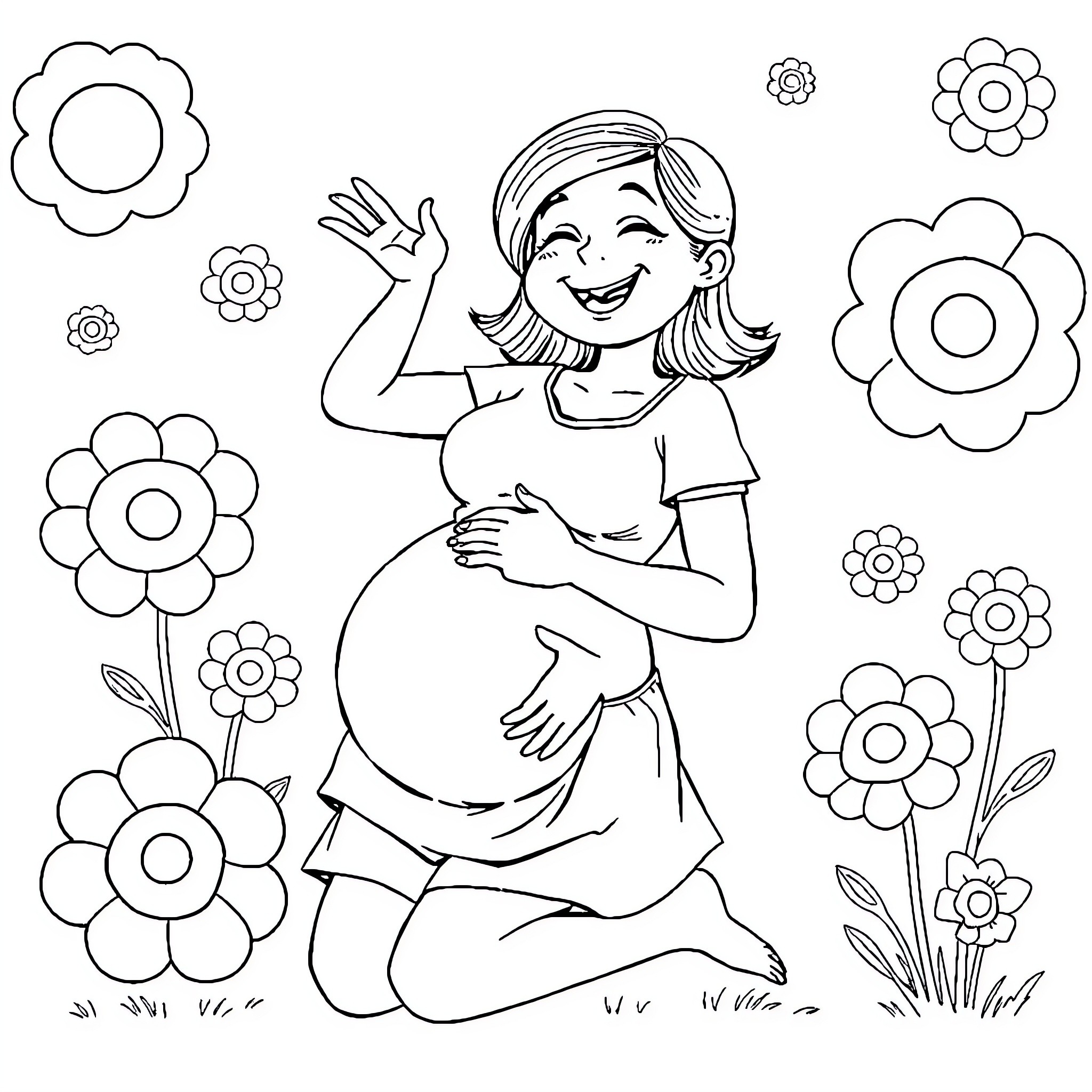 Girl celebrating pregnancy in a floral garden Coloring Page (free black-and-white line drawing printable PDF for all, from beginners to advanced learners, including children, teens, adults, and seniors)