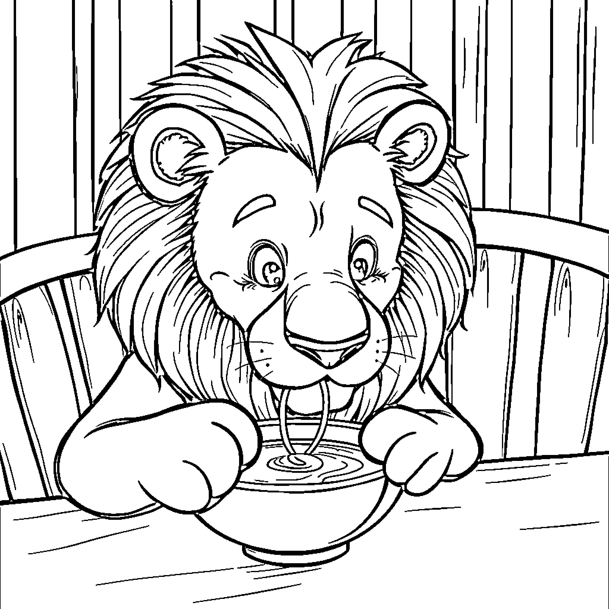 Lion enjoying a meal in the cage Coloring Page (free black-and-white line drawing printable PDF for all, from beginners to advanced learners, including children, teens, adults, and seniors)