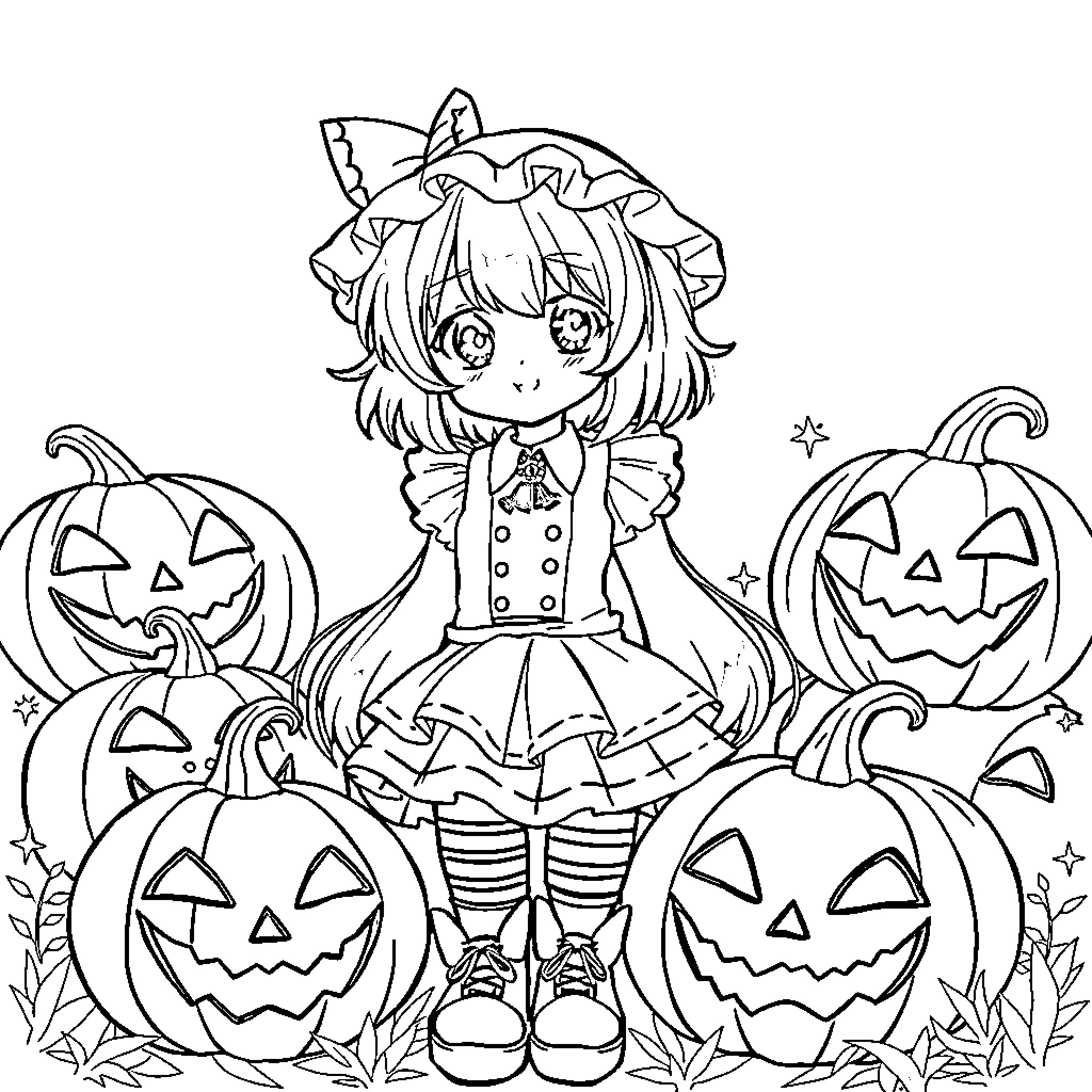 Pumpkin-themed costume and decorations Coloring Page (free black-and-white line drawing printable PDF for all, from beginners to advanced learners, including children, teens, adults, and seniors)
