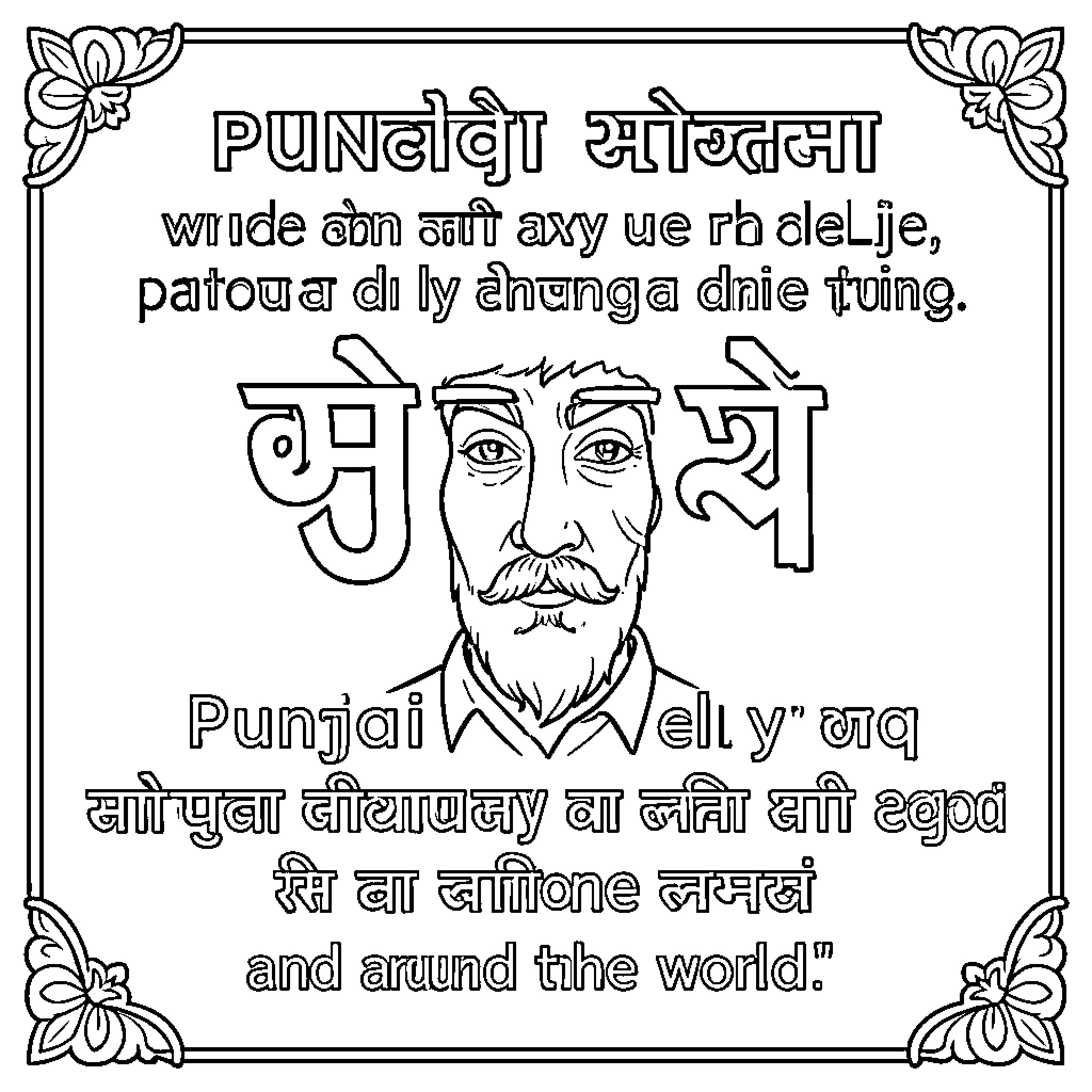 Punjabi Language featuring a man with a mustache Coloring Page (free black-and-white line drawing printable PDF for all, from beginners to advanced learners, including children, teens, adults, and seniors)