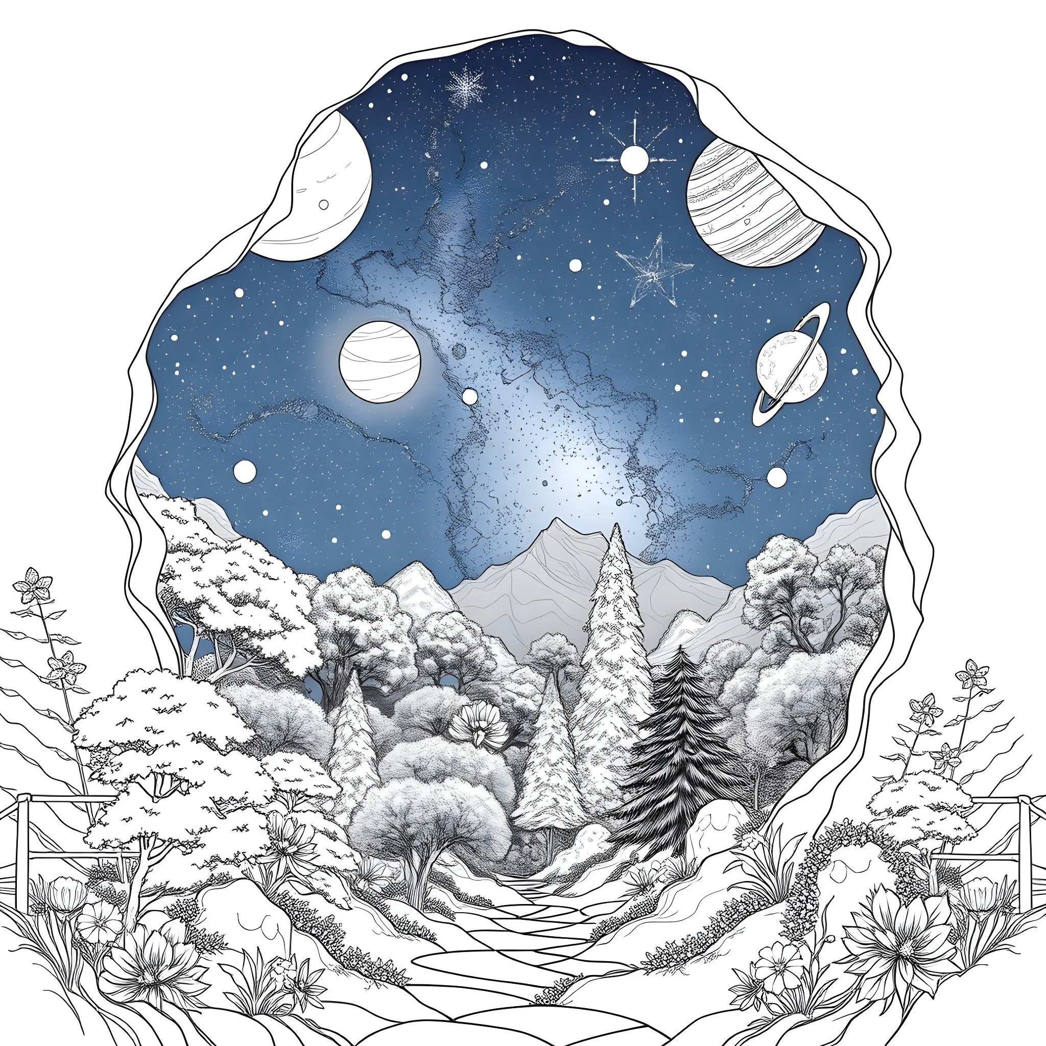 Space adventure in a wintry wonderland Coloring Page (free black-and-white line drawing printable PDF for all, from beginners to advanced learners, including children, teens, adults, and seniors)