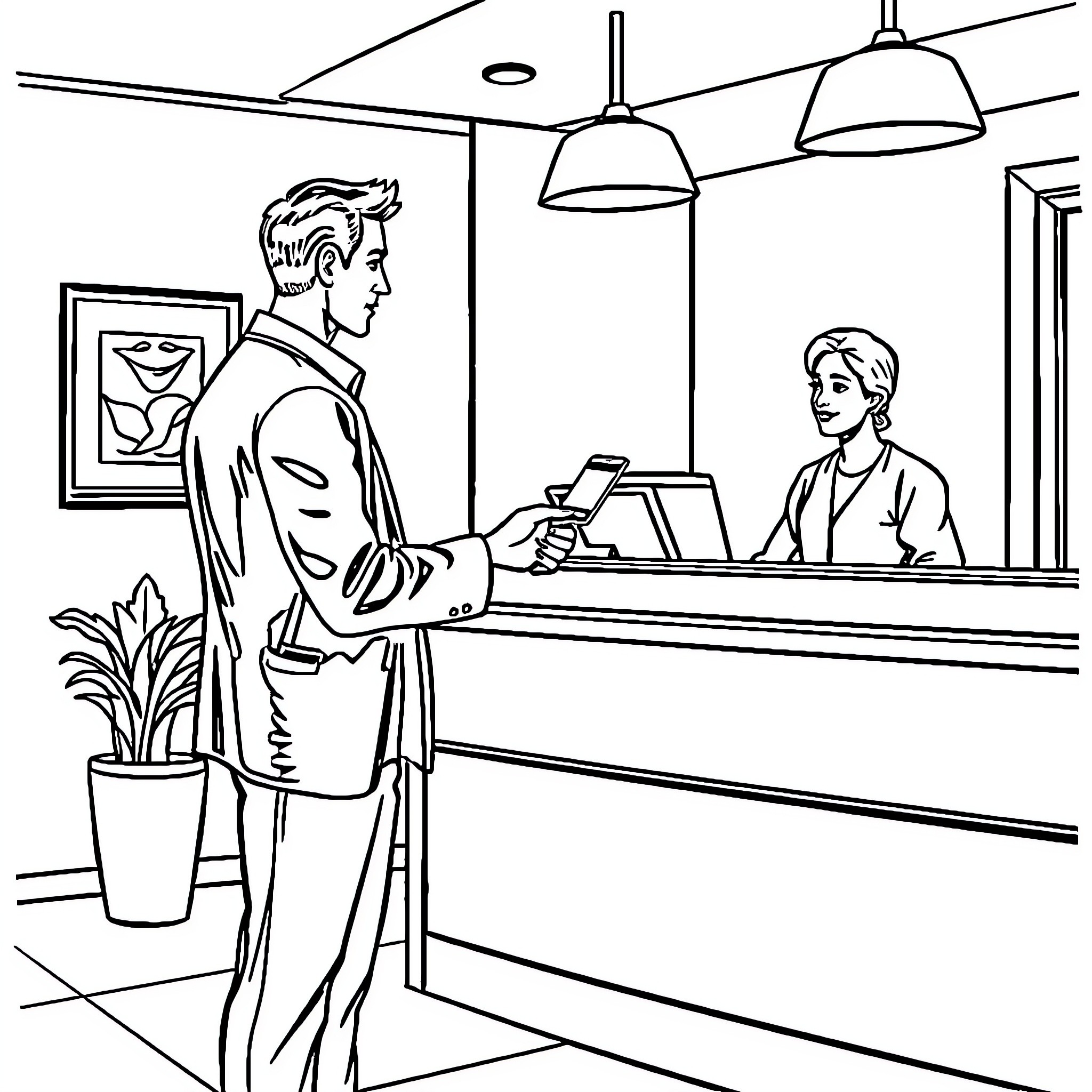 Man interacting with receptionist at counter Coloring Page (free black-and-white line drawing printable PDF for all, from beginners to advanced learners, including children, teens, adults, and seniors)