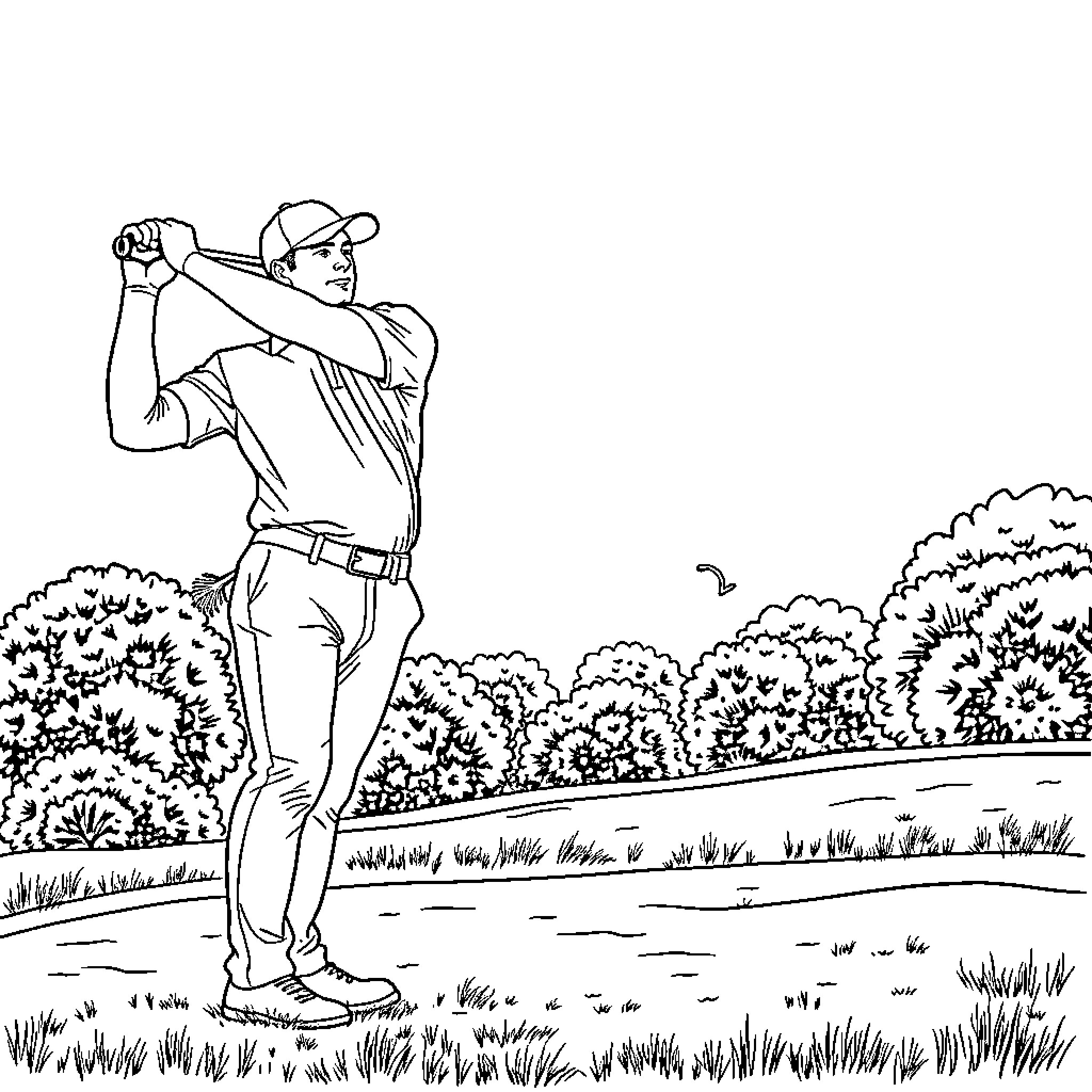Rory McIlroy playing golf on a grassy course Coloring Page (free black-and-white line drawing printable PDF for all, from beginners to advanced learners, including children, teens, adults, and seniors)