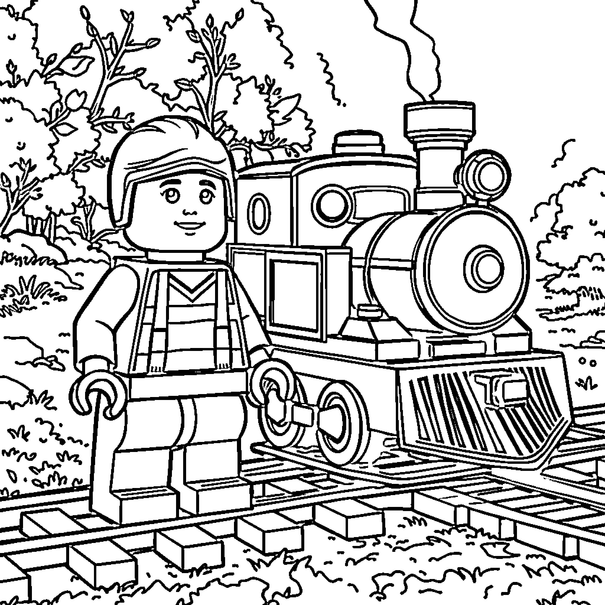 LEGO Figure riding a steam locomotive in nature Coloring Page (free black-and-white line drawing printable PDF for all, from beginners to advanced learners, including children, teens, adults, and seniors)