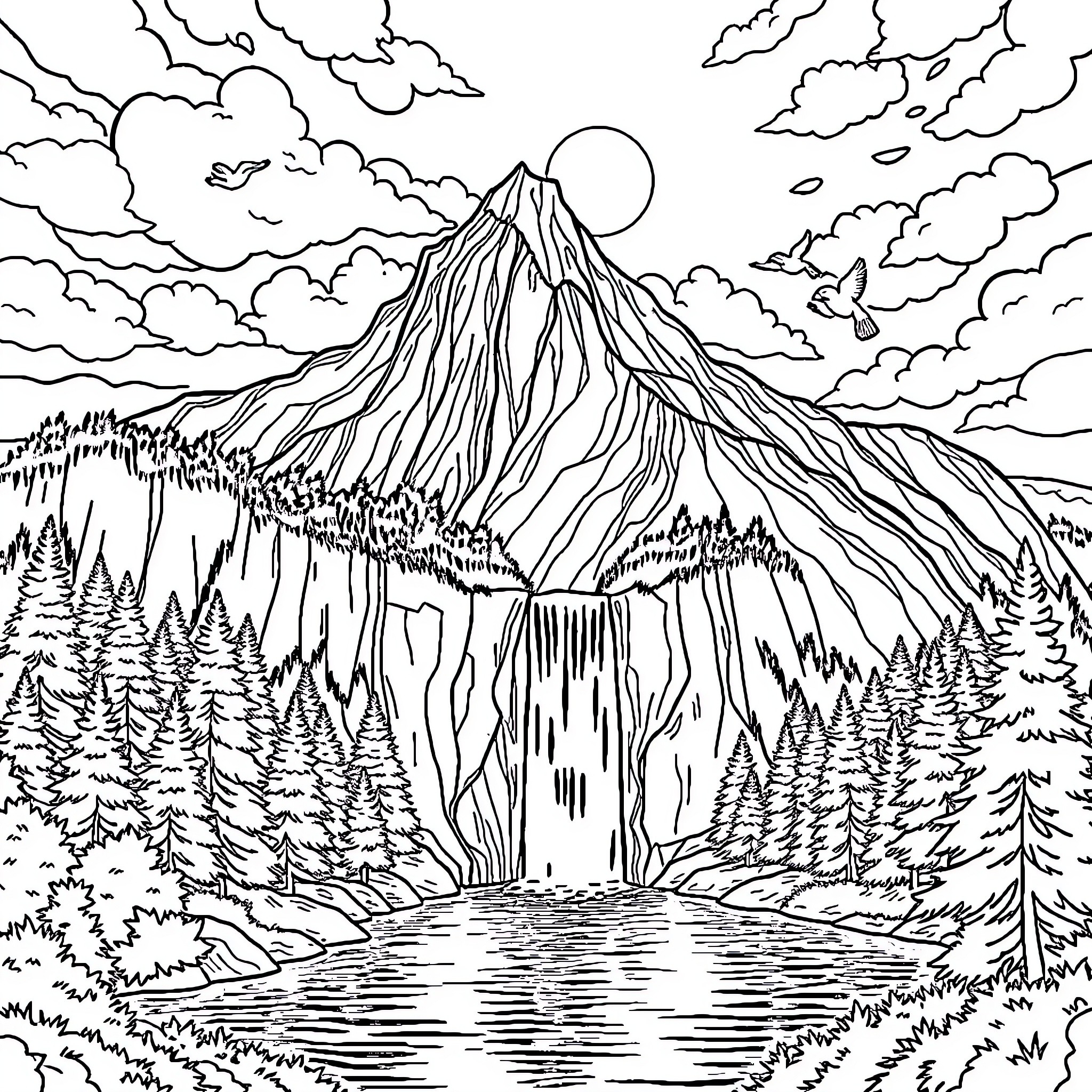 Mountain landscape with scenic waterfall and clouds Coloring Page (free black-and-white line drawing printable PDF for all, from beginners to advanced learners, including children, teens, adults, and seniors)