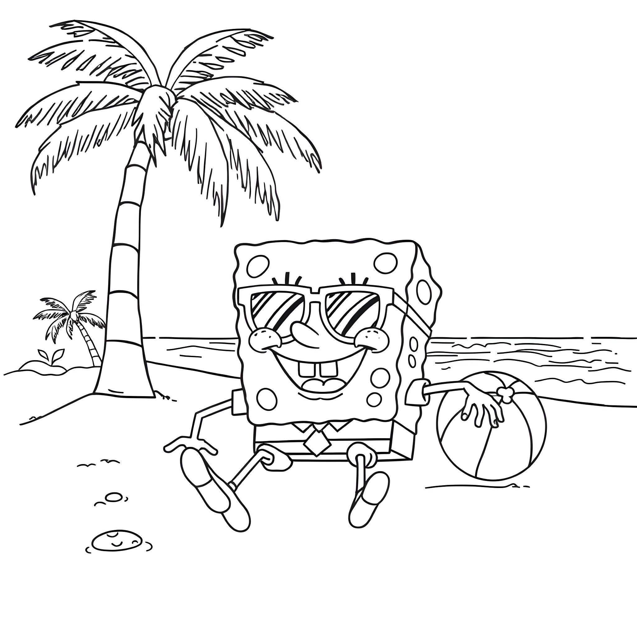 Spongebob enjoying a beach day with a beach ball Coloring Page (free black-and-white line drawing printable PDF for all, from beginners to advanced learners, including children, teens, adults, and seniors)