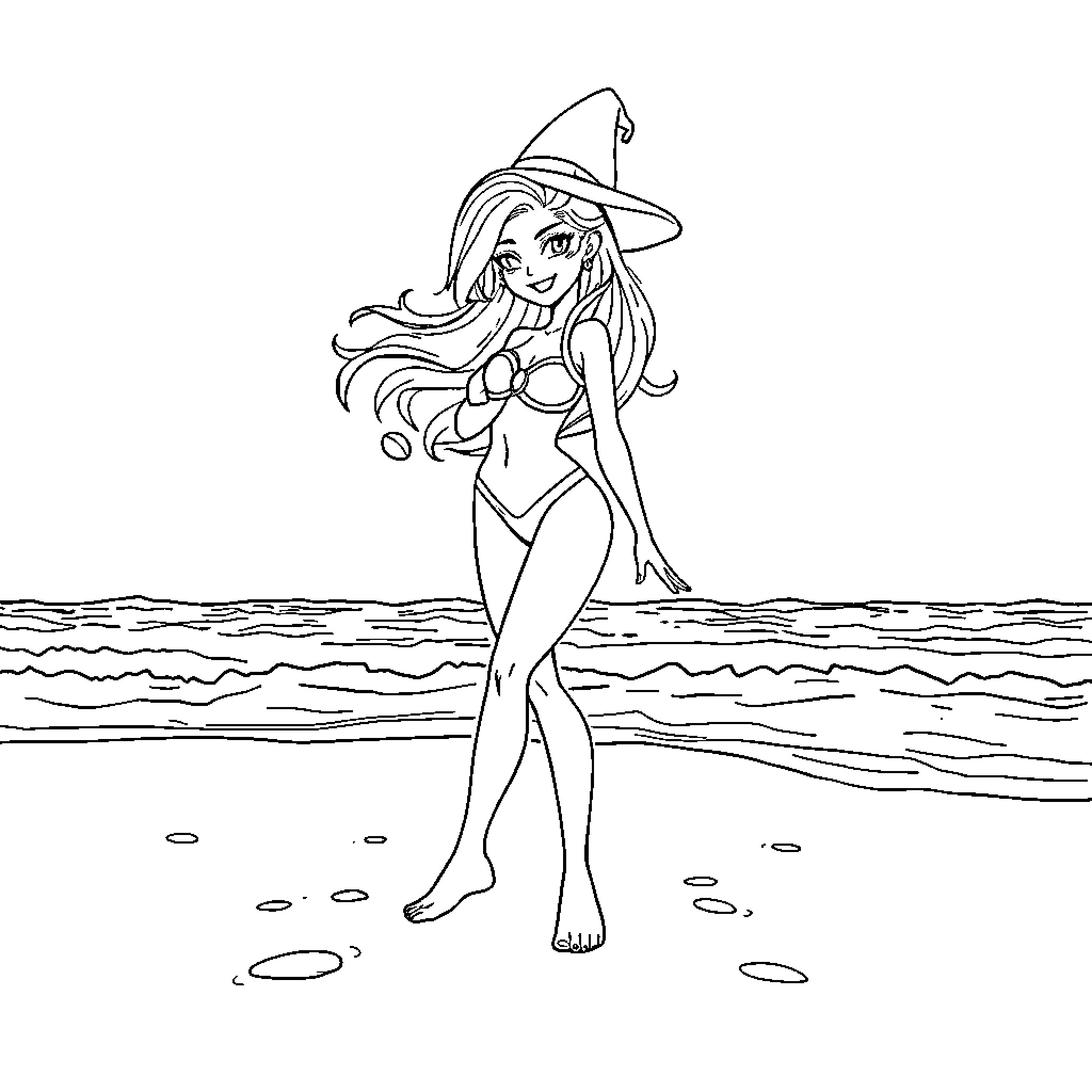 Jinx the Magical Witch on the Beach Coloring Page (free black-and-white line drawing printable PDF for all, from beginners to advanced learners, including children, teens, adults, and seniors)