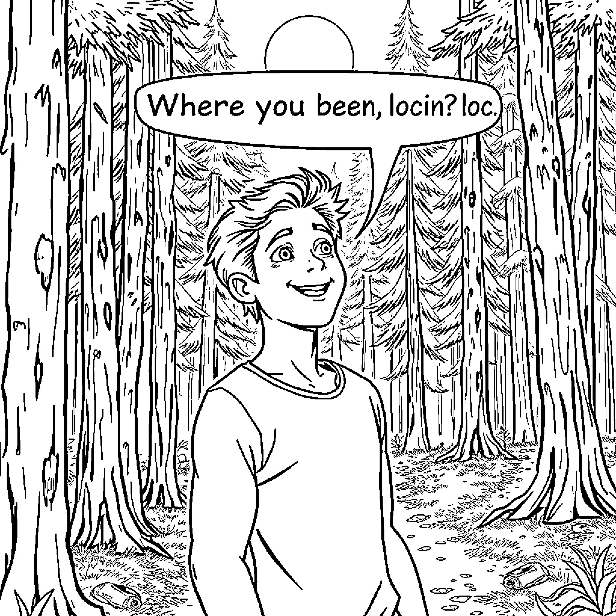 Jacob explores the mysterious forest and asks questions Coloring Page (free black-and-white line drawing printable PDF for all, from beginners to advanced learners, including children, teens, adults, and seniors)