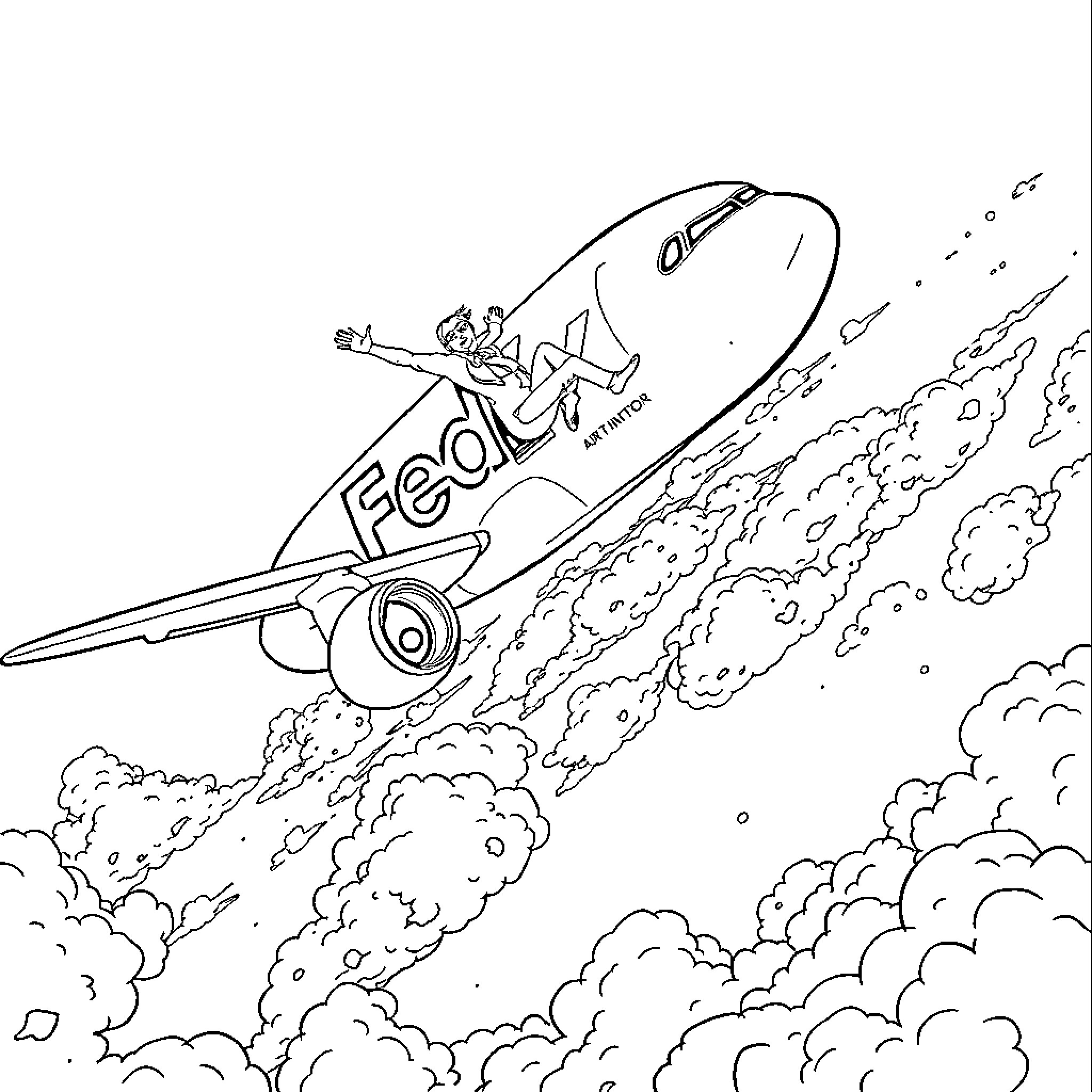 Person riding an airplane in the sky Coloring Page (free black-and-white line drawing printable PDF for all, from beginners to advanced learners, including children, teens, adults, and seniors)