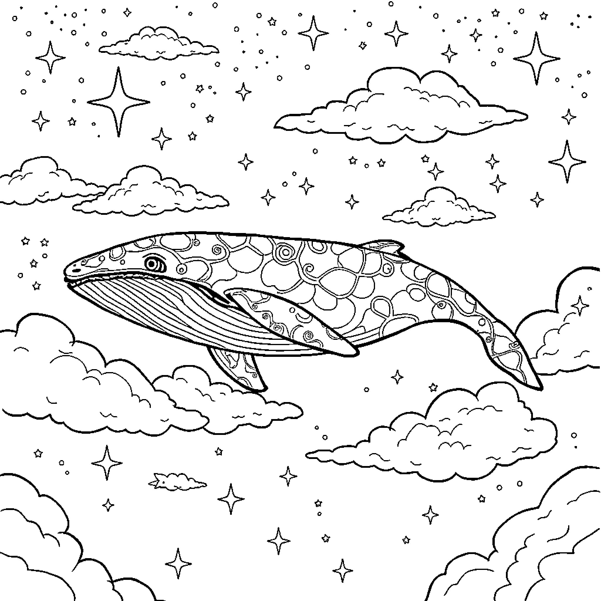 Whale swimming through starry night sky Coloring Page (free black-and-white line drawing printable PDF for all, from beginners to advanced learners, including children, teens, adults, and seniors)