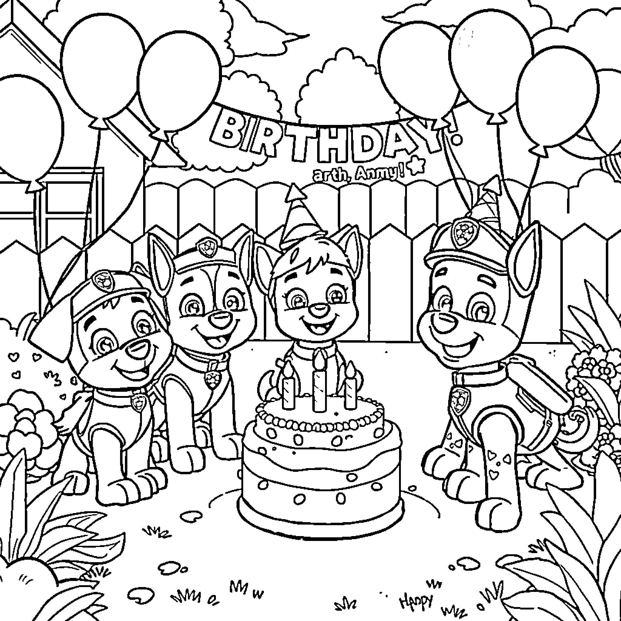 Paw Patrol characters celebrate a birthday party Coloring Page (free black-and-white line drawing printable PDF for all, from beginners to advanced learners, including children, teens, adults, and seniors)