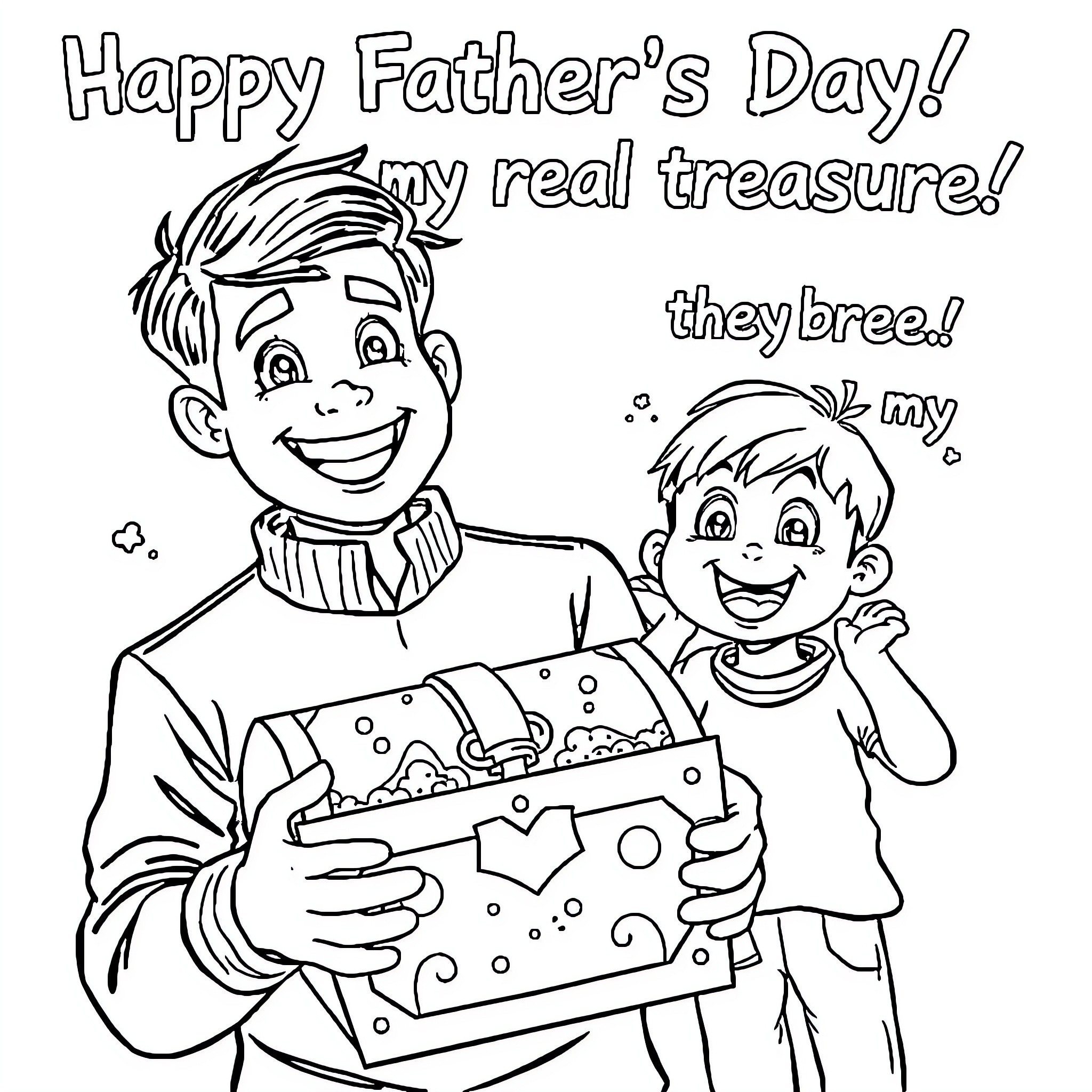 Father and son celebrate Father's Day with treasures Coloring Page (free black-and-white line drawing printable PDF for all, from beginners to advanced learners, including children, teens, adults, and seniors)
