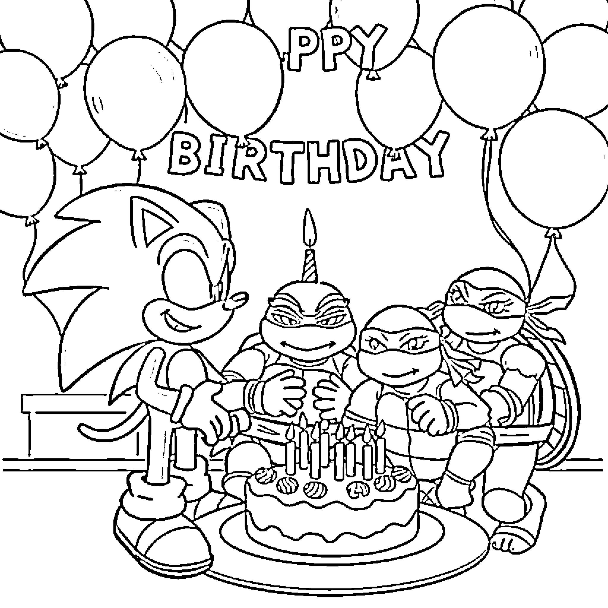 Sonic's Cheerful Birthday Celebration with Friends Coloring Page (free black-and-white line drawing printable PDF for all, from beginners to advanced learners, including children, teens, adults, and seniors)