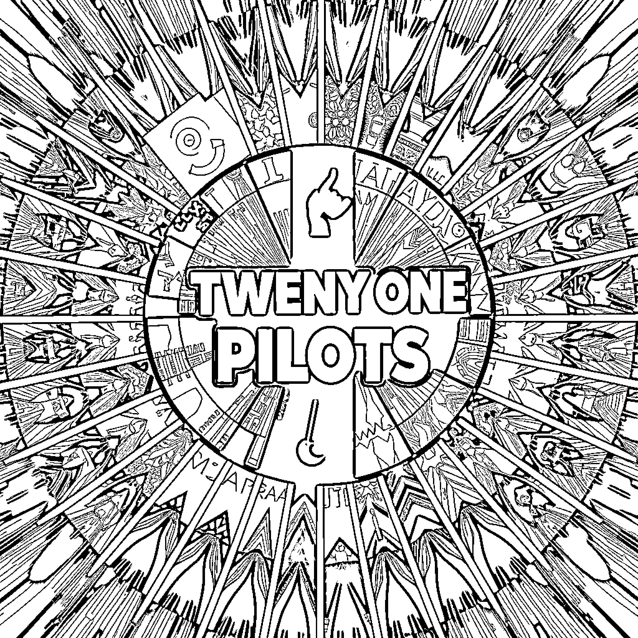 Twenty One Pilots in Dramatic Artistic Expression Coloring Page (free black-and-white line drawing printable PDF for all, from beginners to advanced learners, including children, teens, adults, and seniors)