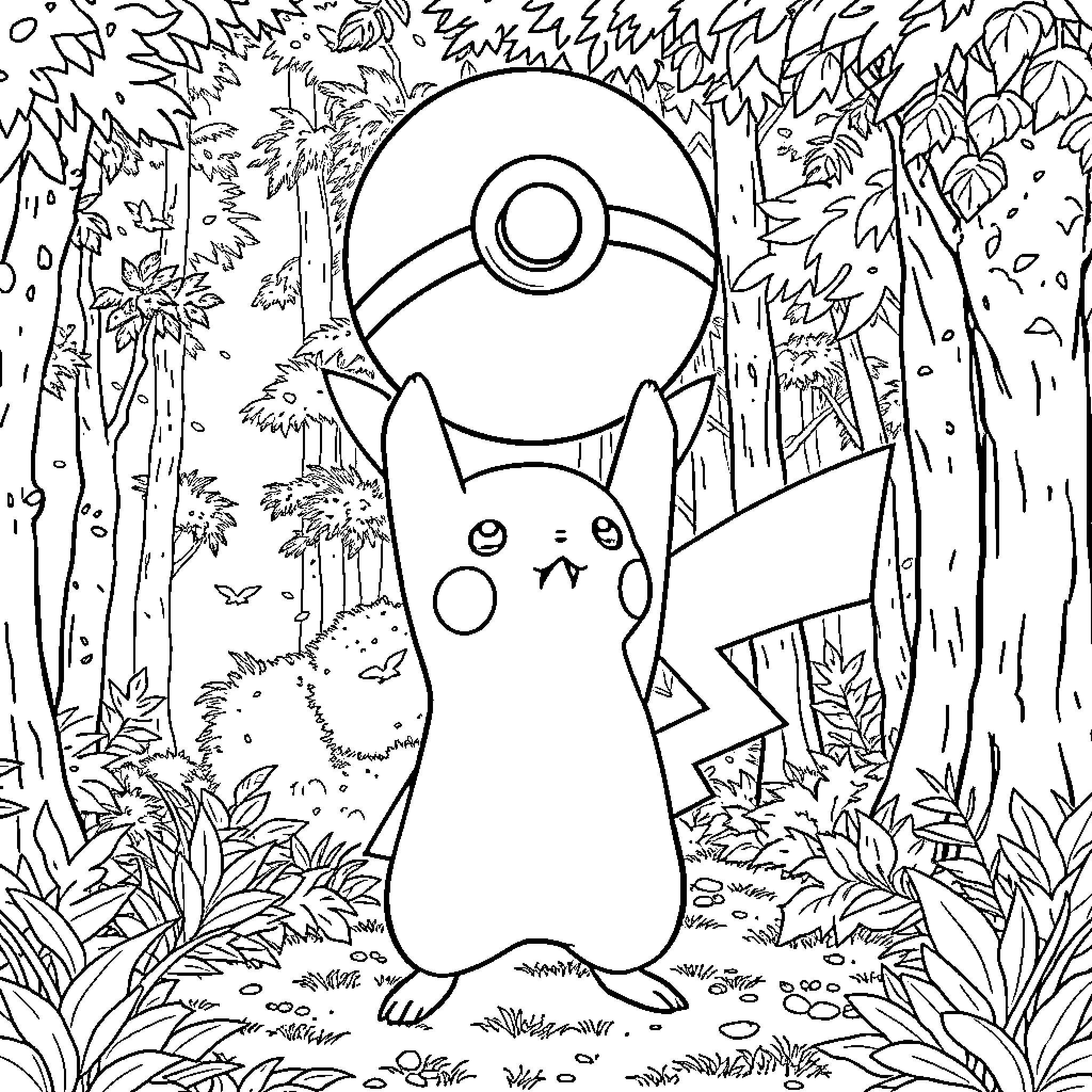 Pikachu enjoying the forest scene Coloring Page (free black-and-white line drawing printable PDF for all, from beginners to advanced learners, including children, teens, adults, and seniors)