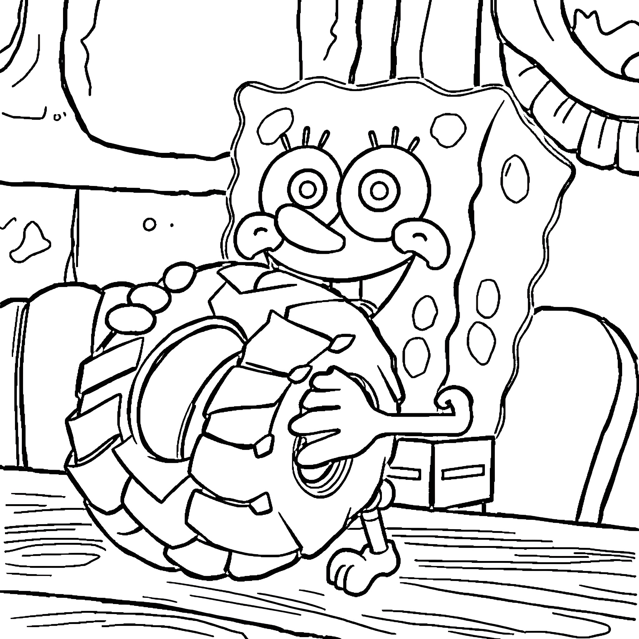 Spongebob's Silly Adventure in the Underwater World Coloring Page (free black-and-white line drawing printable PDF for all, from beginners to advanced learners, including children, teens, adults, and seniors)