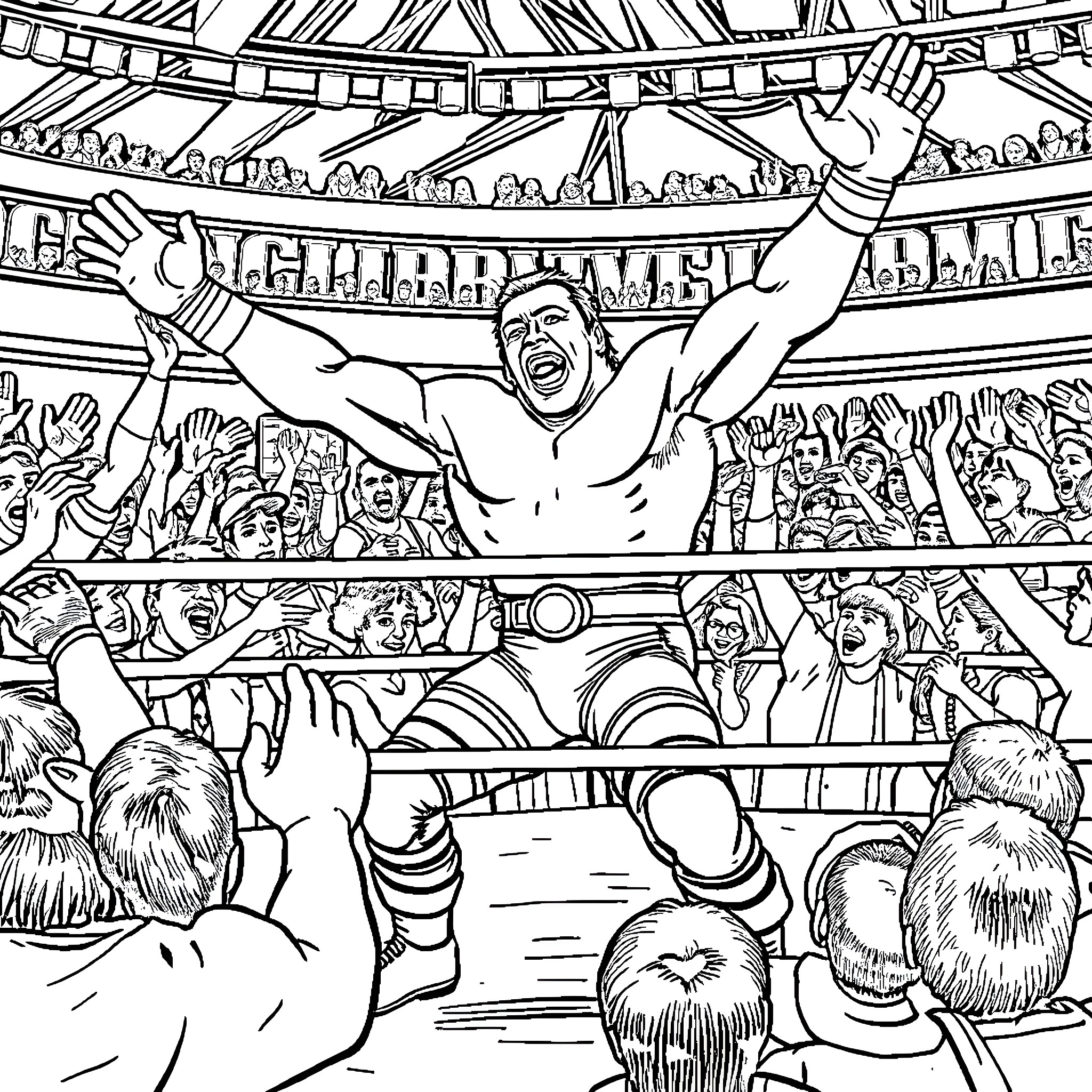 Wrestling champions celebrating victory in the arena Coloring Page (free black-and-white line drawing printable PDF for all, from beginners to advanced learners, including children, teens, adults, and seniors)