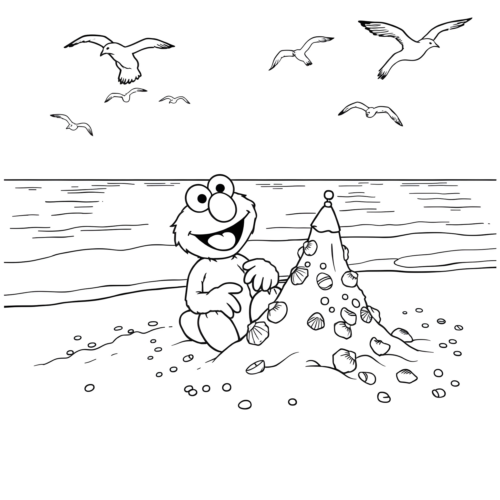 Elmo playing happily on the beach with seagulls Coloring Page (free black-and-white line drawing printable PDF for all, from beginners to advanced learners, including children, teens, adults, and seniors)