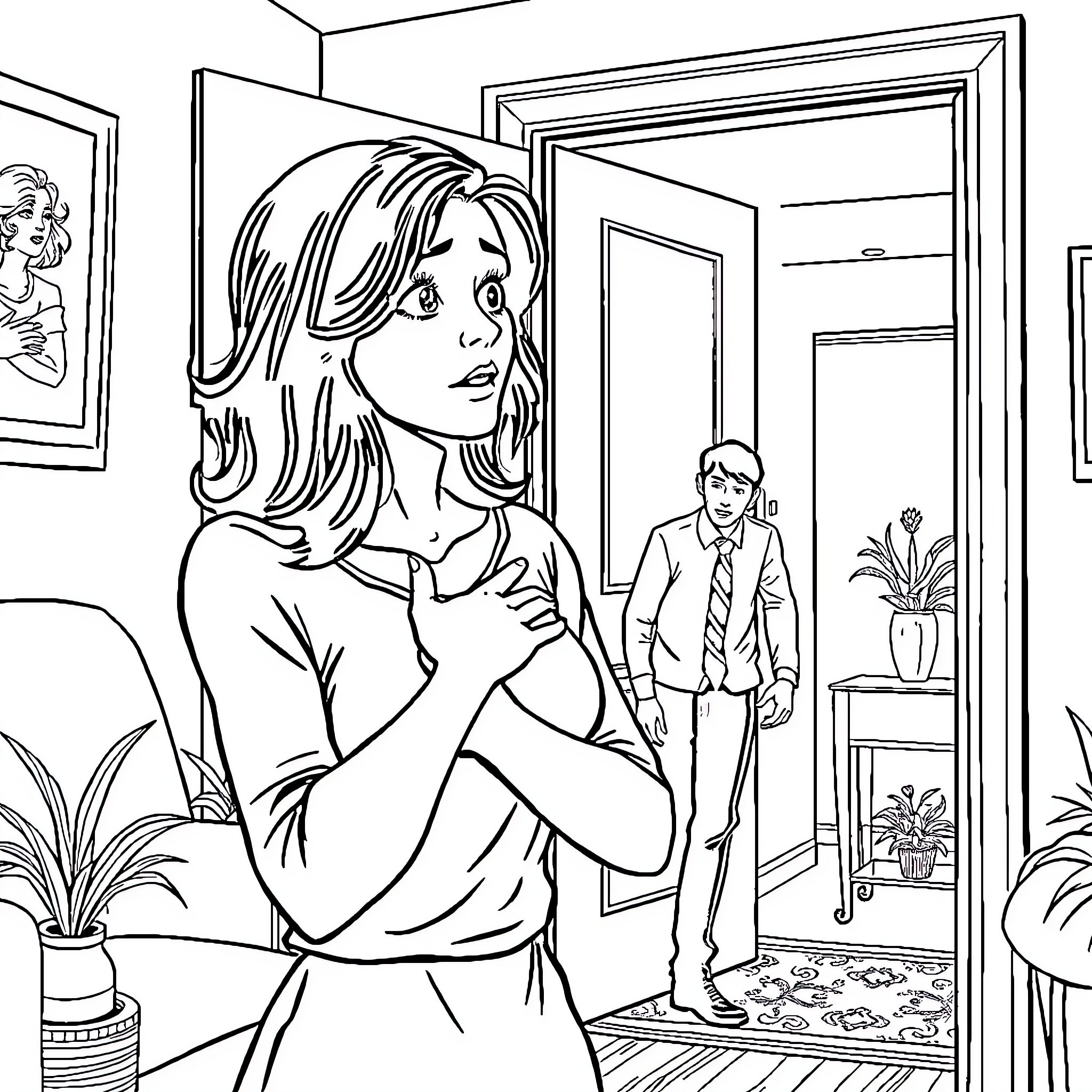 Woman expressing concern in domestic setting Coloring Page (free black-and-white line drawing printable PDF for all, from beginners to advanced learners, including children, teens, adults, and seniors)