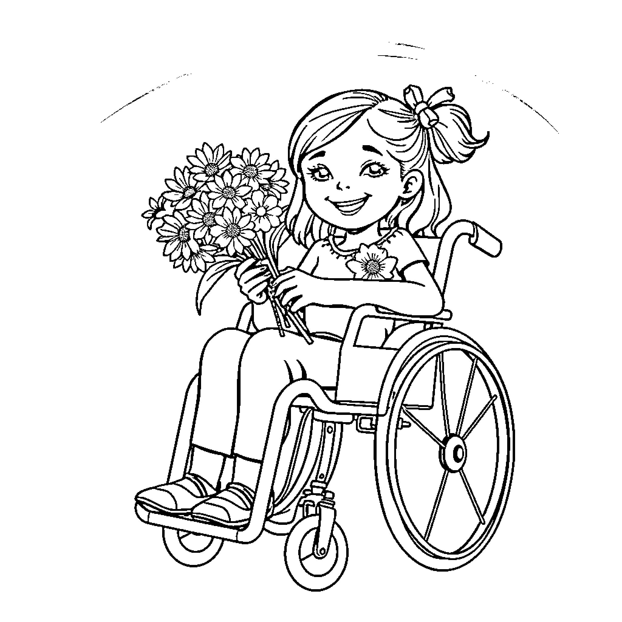Girl in Wheelchair Holding Flowers Coloring Page (free black-and-white line drawing printable PDF for all, from beginners to advanced learners, including children, teens, adults, and seniors)