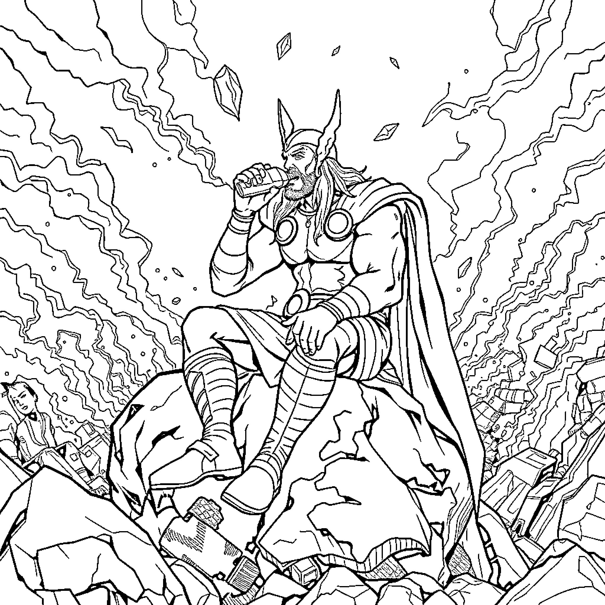 Thor summoning powerful lightning in epic battle Coloring Page (free black-and-white line drawing printable PDF for all, from beginners to advanced learners, including children, teens, adults, and seniors)