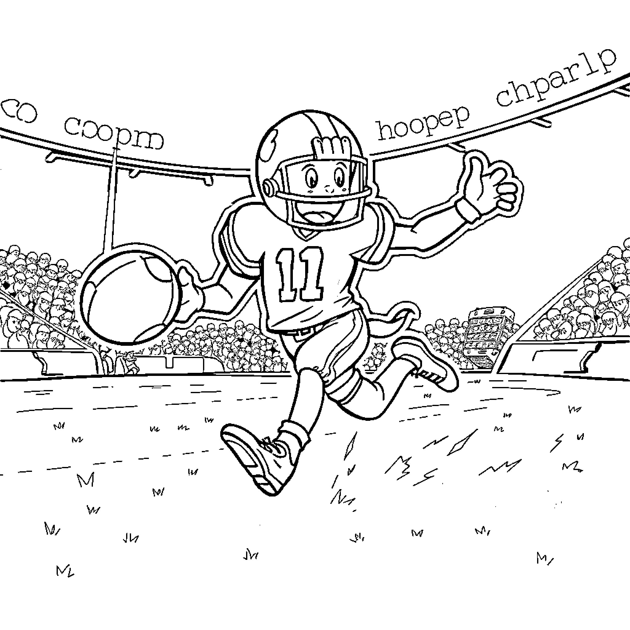 Hooperman scoring a touchdown on the football field Coloring Page (free black-and-white line drawing printable PDF for all, from beginners to advanced learners, including children, teens, adults, and seniors)