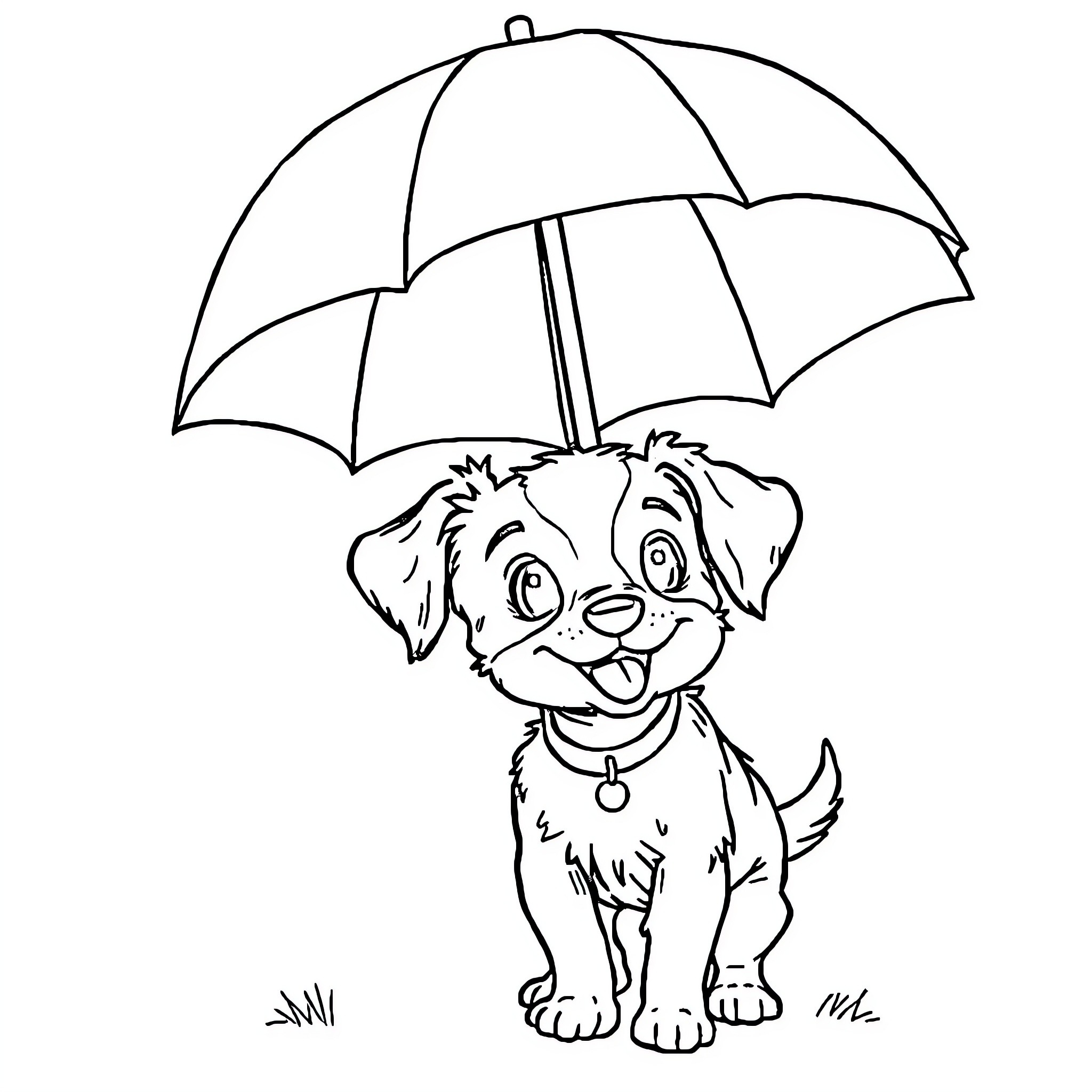 Dog Enjoying the Rainy Day with Umbrella Coloring Page (free black-and-white line drawing printable PDF for all, from beginners to advanced learners, including children, teens, adults, and seniors)
