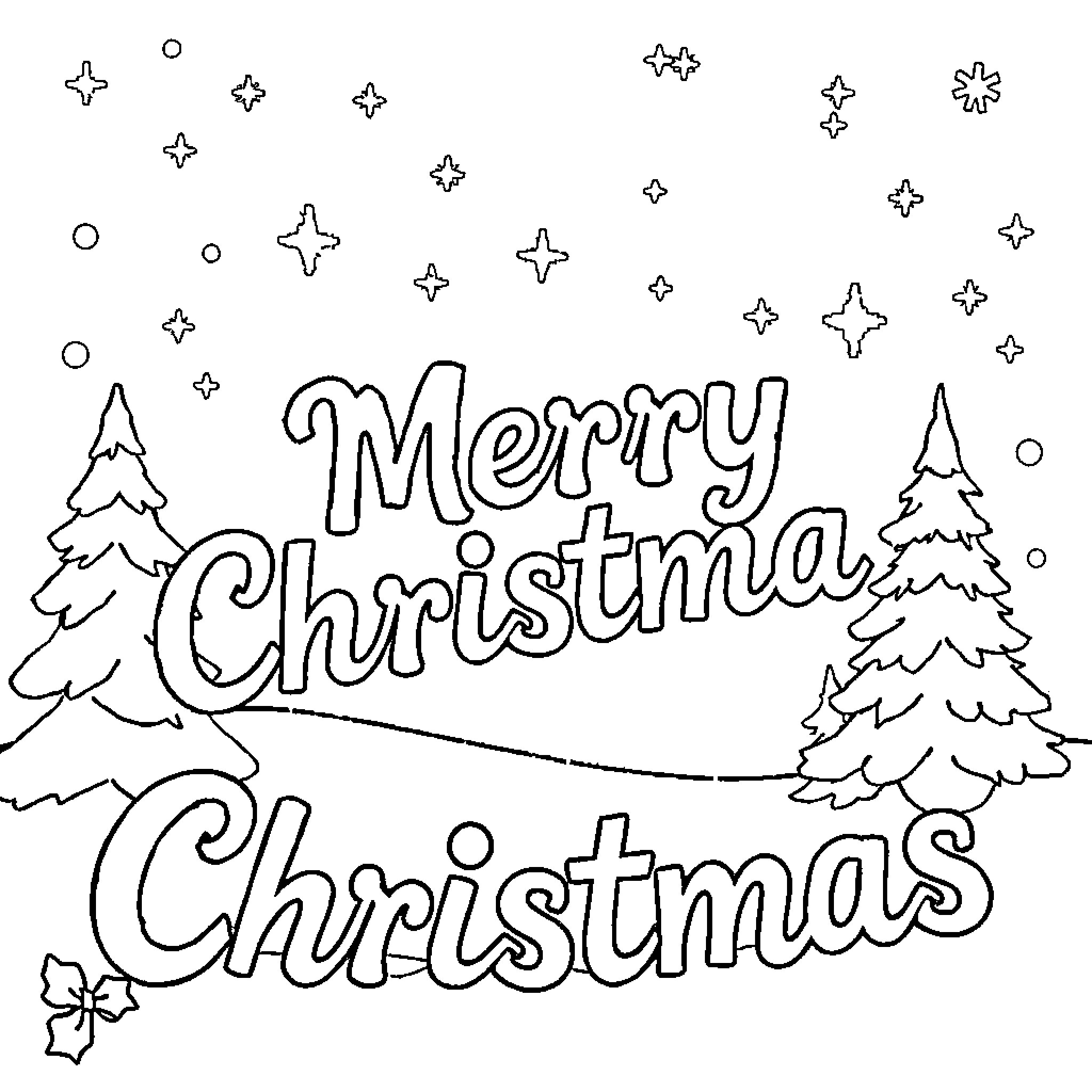 Christmas scene with holiday text and decorations Coloring Page (free black-and-white line drawing printable PDF for all, from beginners to advanced learners, including children, teens, adults, and seniors)