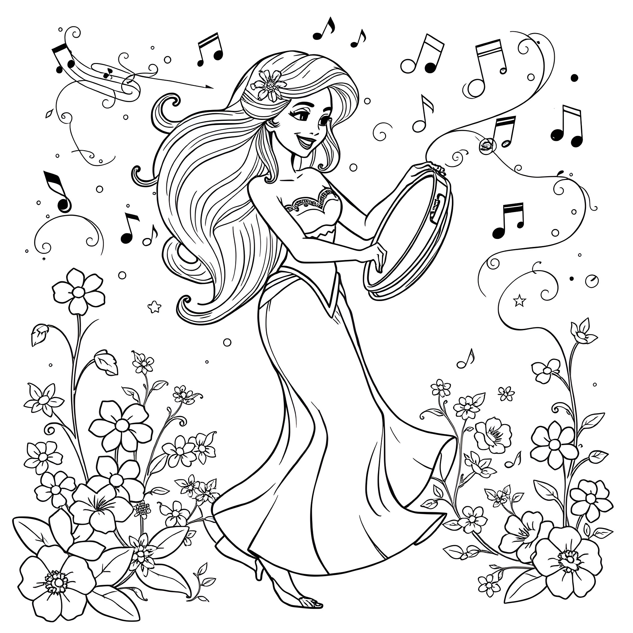 Esmeralda dancing and singing with musical notes Coloring Page (free black-and-white line drawing printable PDF for all, from beginners to advanced learners, including children, teens, adults, and seniors)