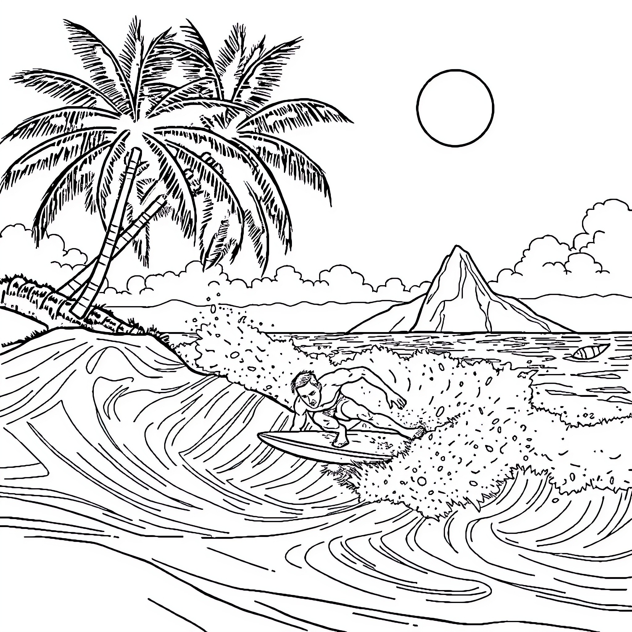 Ironman surfing amidst tropical landscape Coloring Page (free black-and-white line drawing printable PDF for all, from beginners to advanced learners, including children, teens, adults, and seniors)