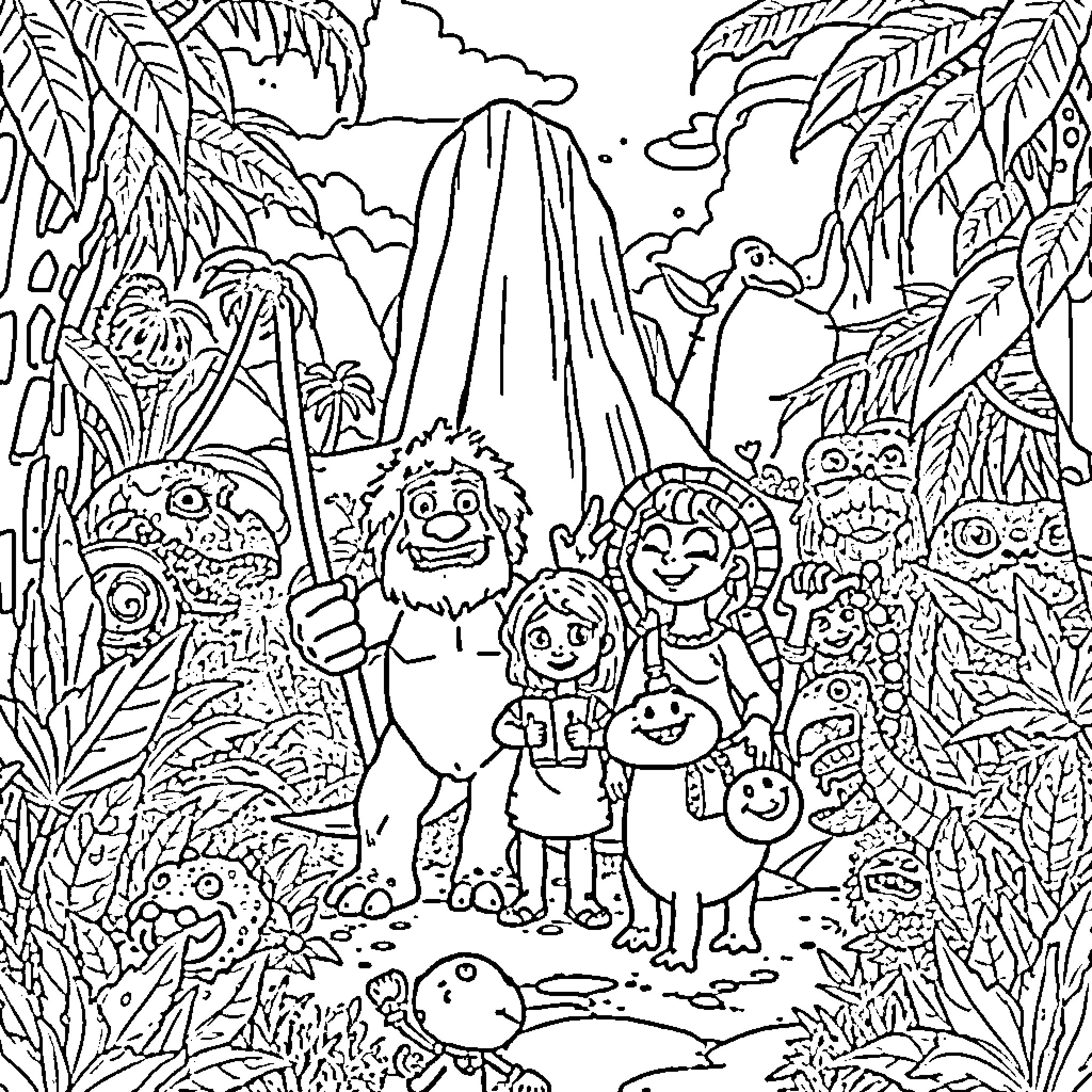 Croods family exploring the prehistoric jungle Coloring Page (free black-and-white line drawing printable PDF for all, from beginners to advanced learners, including children, teens, adults, and seniors)
