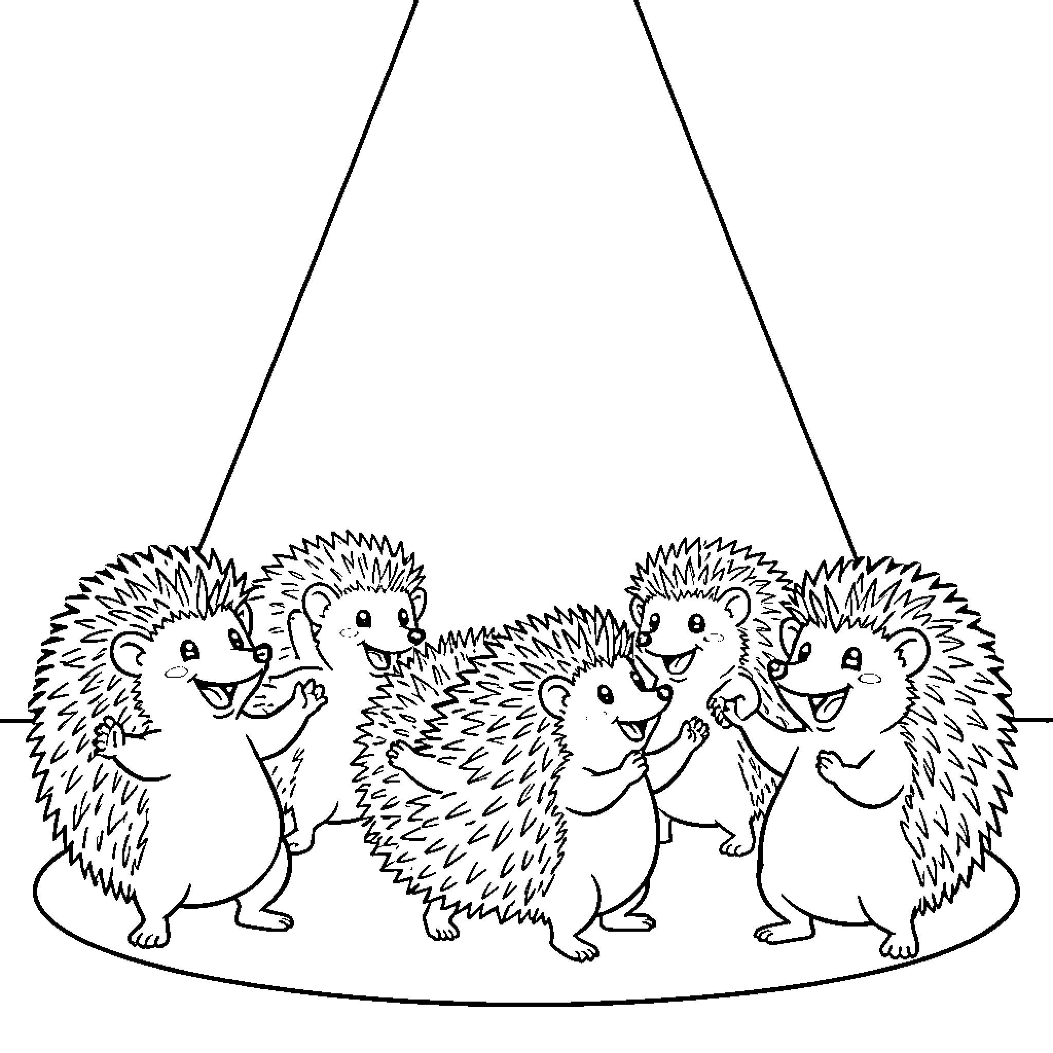 Hedgehogs playing joyfully in a group Coloring Page (free black-and-white line drawing printable PDF for all, from beginners to advanced learners, including children, teens, adults, and seniors)