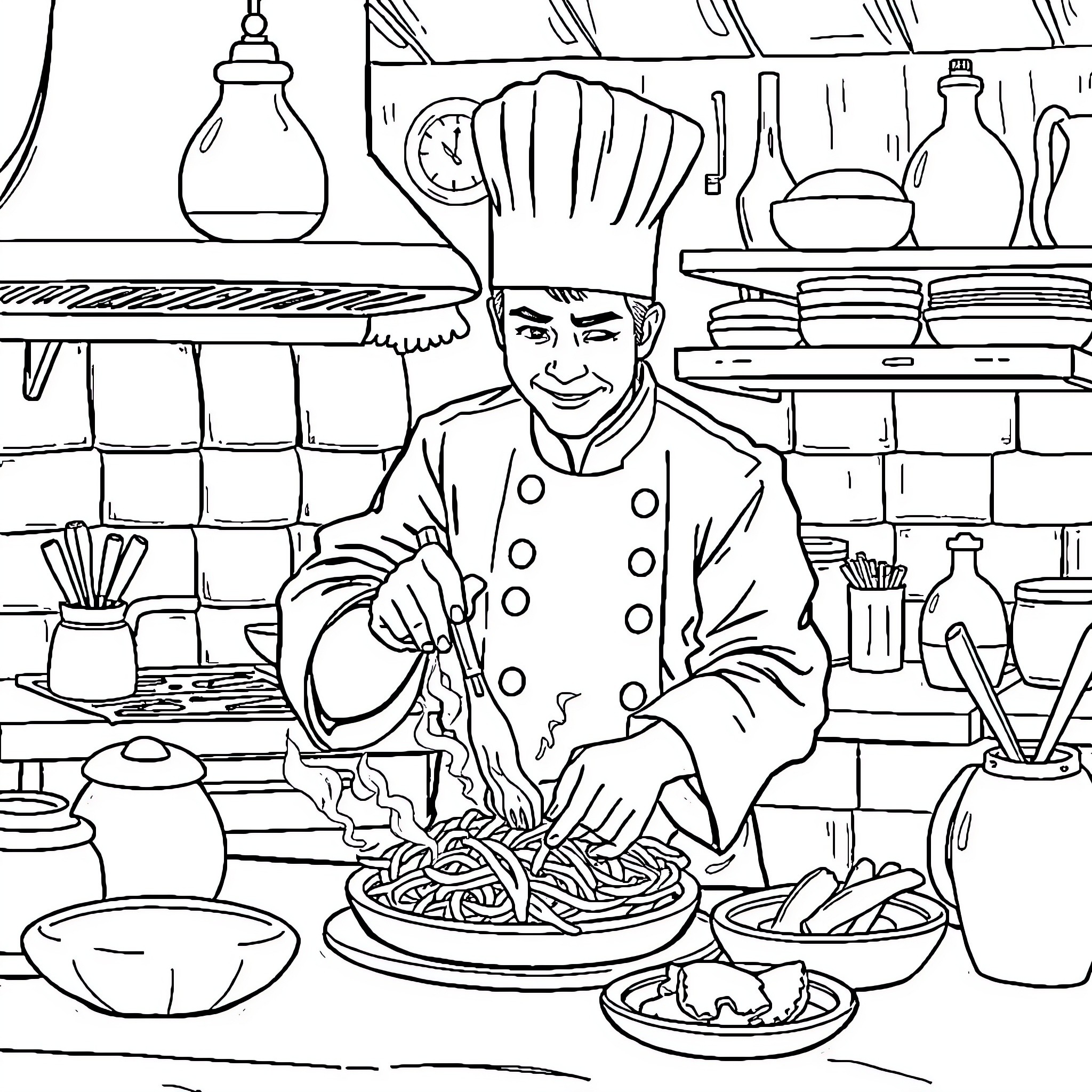 Kamga Chef Preparing Delicious Meal in Busy Kitchen Coloring Page (free black-and-white line drawing printable PDF for all, from beginners to advanced learners, including children, teens, adults, and seniors)