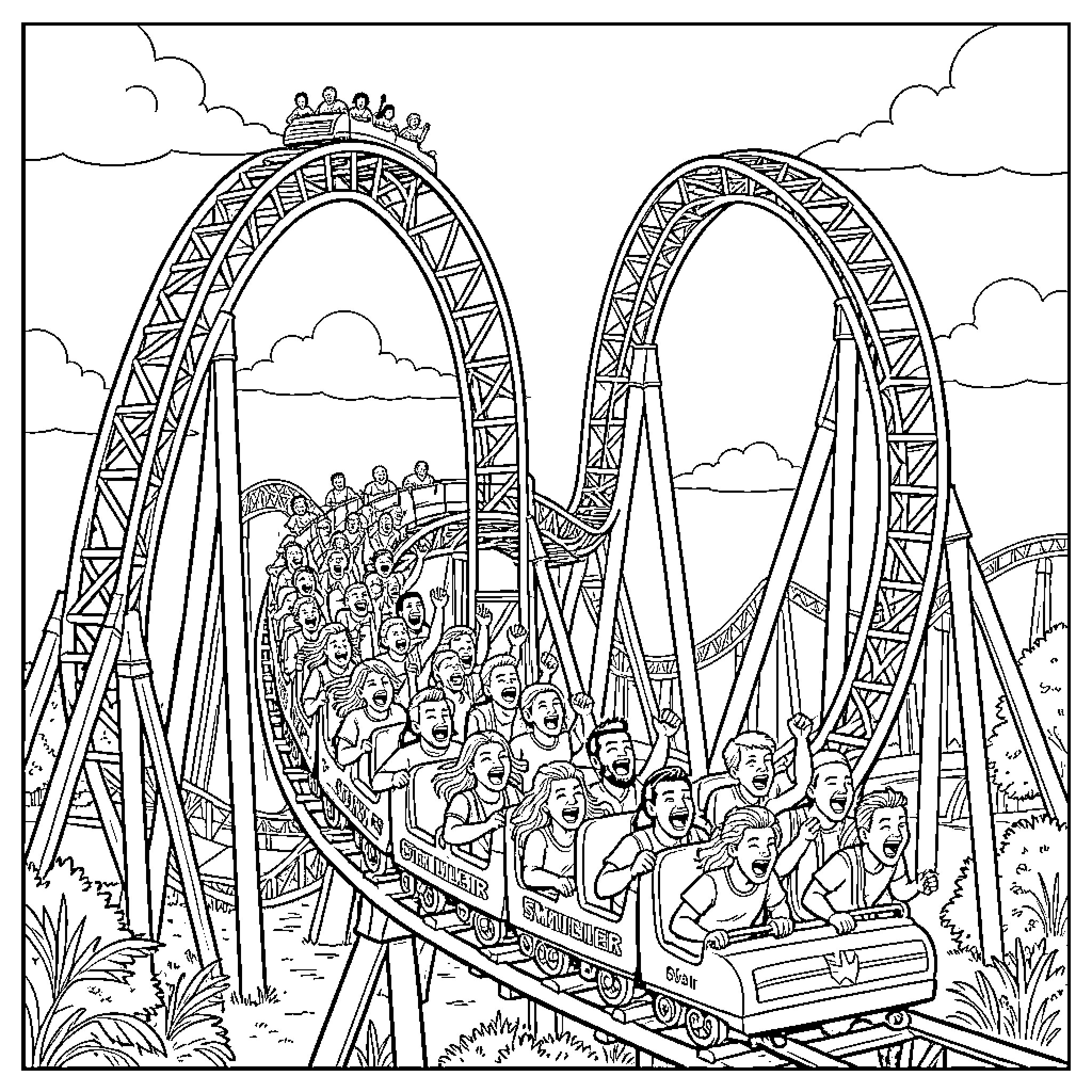 Rollercoaster Excitement on the Tracks Coloring Page (free black-and-white line drawing printable PDF for all, from beginners to advanced learners, including children, teens, adults, and seniors)