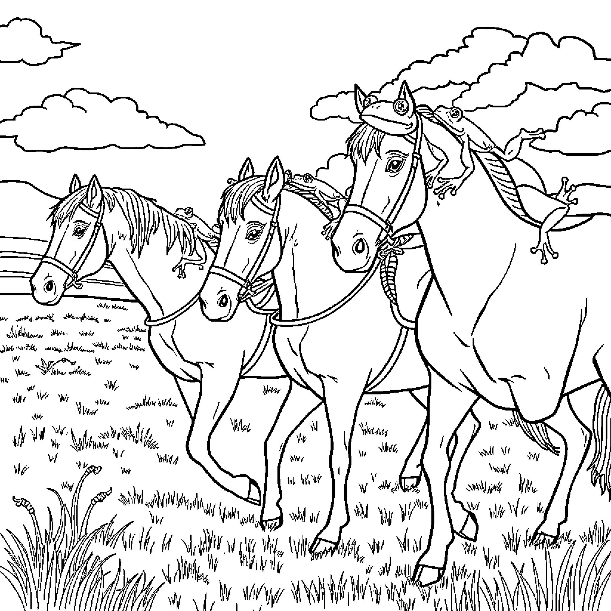 Frog herd of horses galloping through the meadow Coloring Page (free black-and-white line drawing printable PDF for all, from beginners to advanced learners, including children, teens, adults, and seniors)