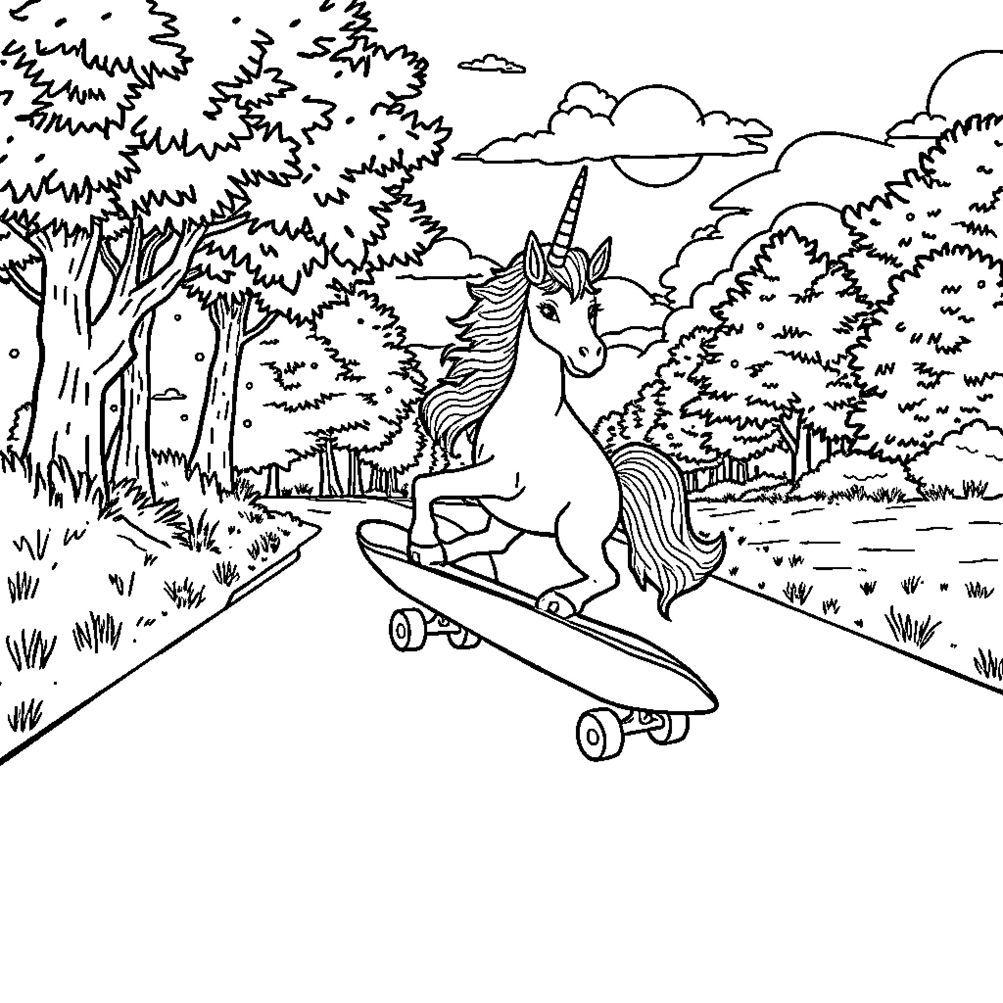 Unicorn riding skateboard through enchanted forest Coloring Page (free black-and-white line drawing printable PDF for all, from beginners to advanced learners, including children, teens, adults, and seniors)