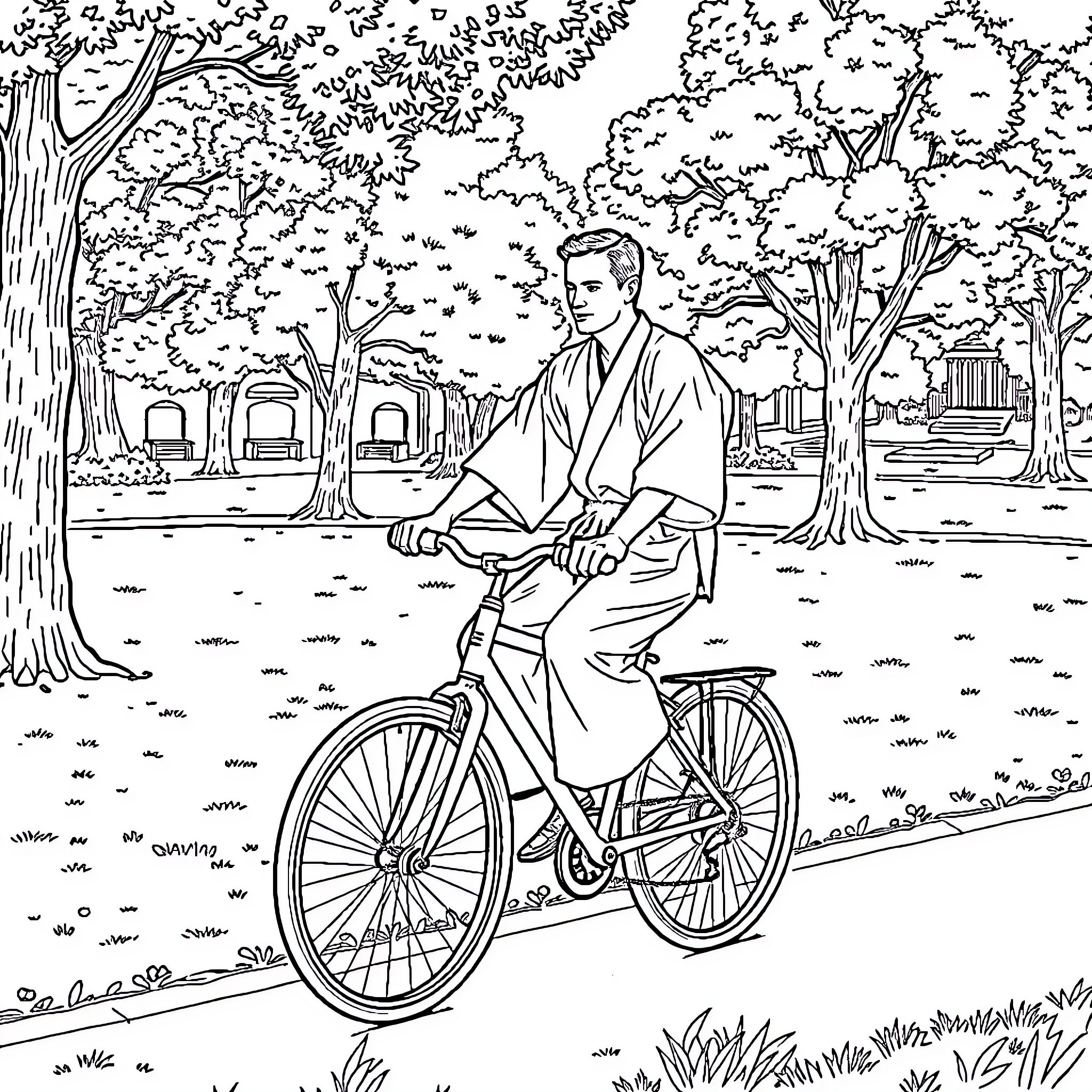 Judoka riding bicycle in serene park Coloring Page (free black-and-white line drawing printable PDF for all, from beginners to advanced learners, including children, teens, adults, and seniors)