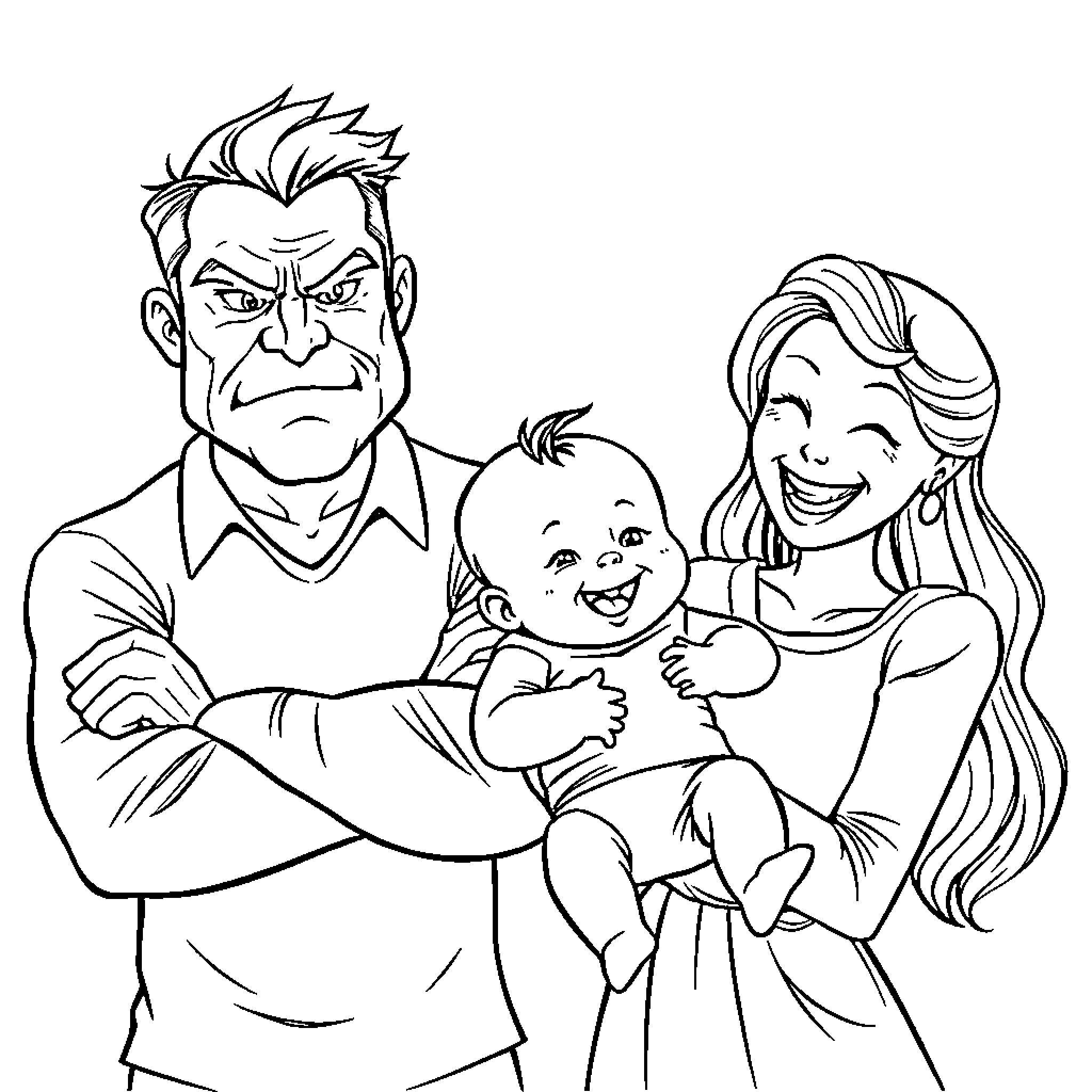 Dad with stern look, mom and baby laughing happily Coloring Page (free black-and-white line drawing printable PDF for all, from beginners to advanced learners, including children, teens, adults, and seniors)
