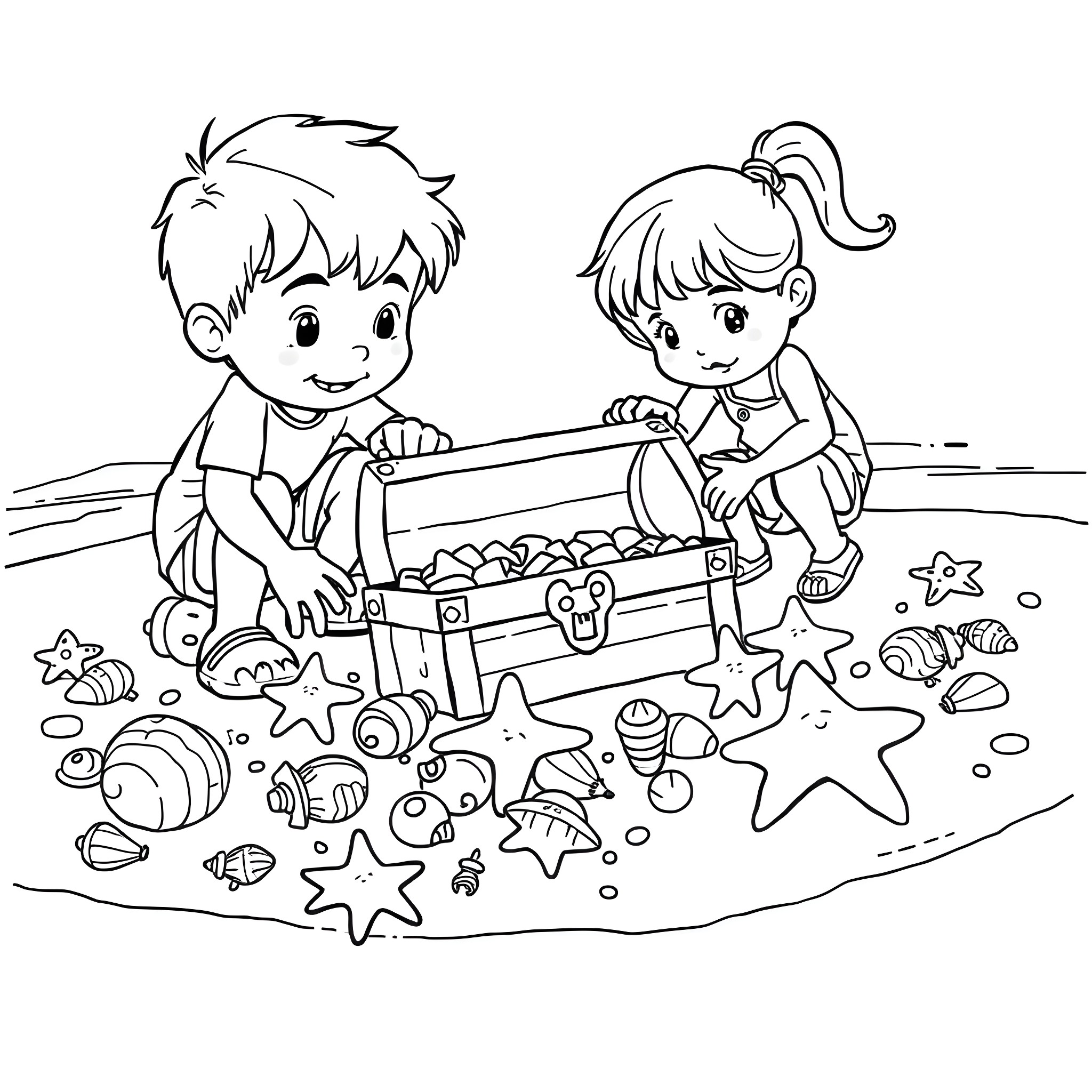Kid's Treasure Hunt on the Beach Coloring Page (free black-and-white line drawing printable PDF for all, from beginners to advanced learners, including children, teens, adults, and seniors)