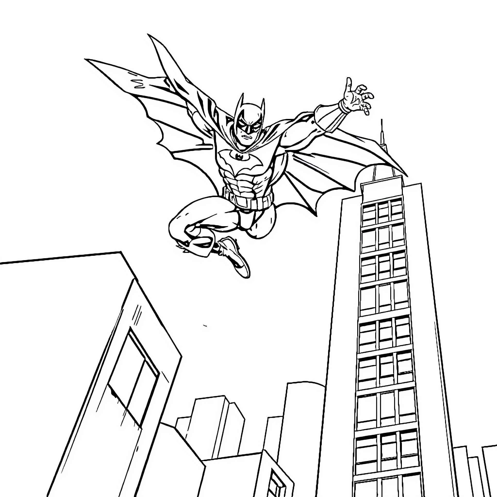 Batman Soaring Through the City Skyline Coloring Page (free black-and-white line drawing printable PDF for all, from beginners to advanced learners, including children, teens, adults, and seniors)