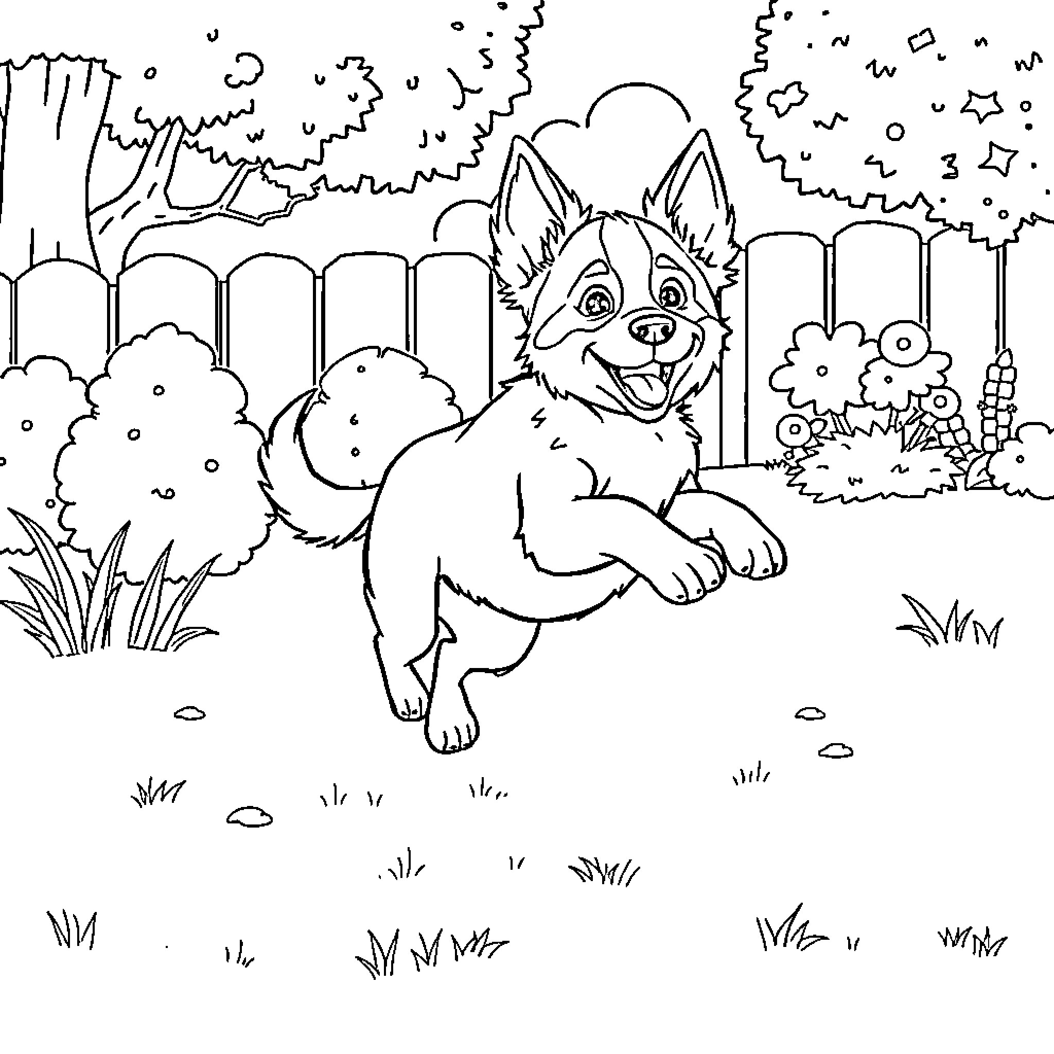 Bluey playing cheerfully in the backyard Coloring Page (free black-and-white line drawing printable PDF for all, from beginners to advanced learners, including children, teens, adults, and seniors)